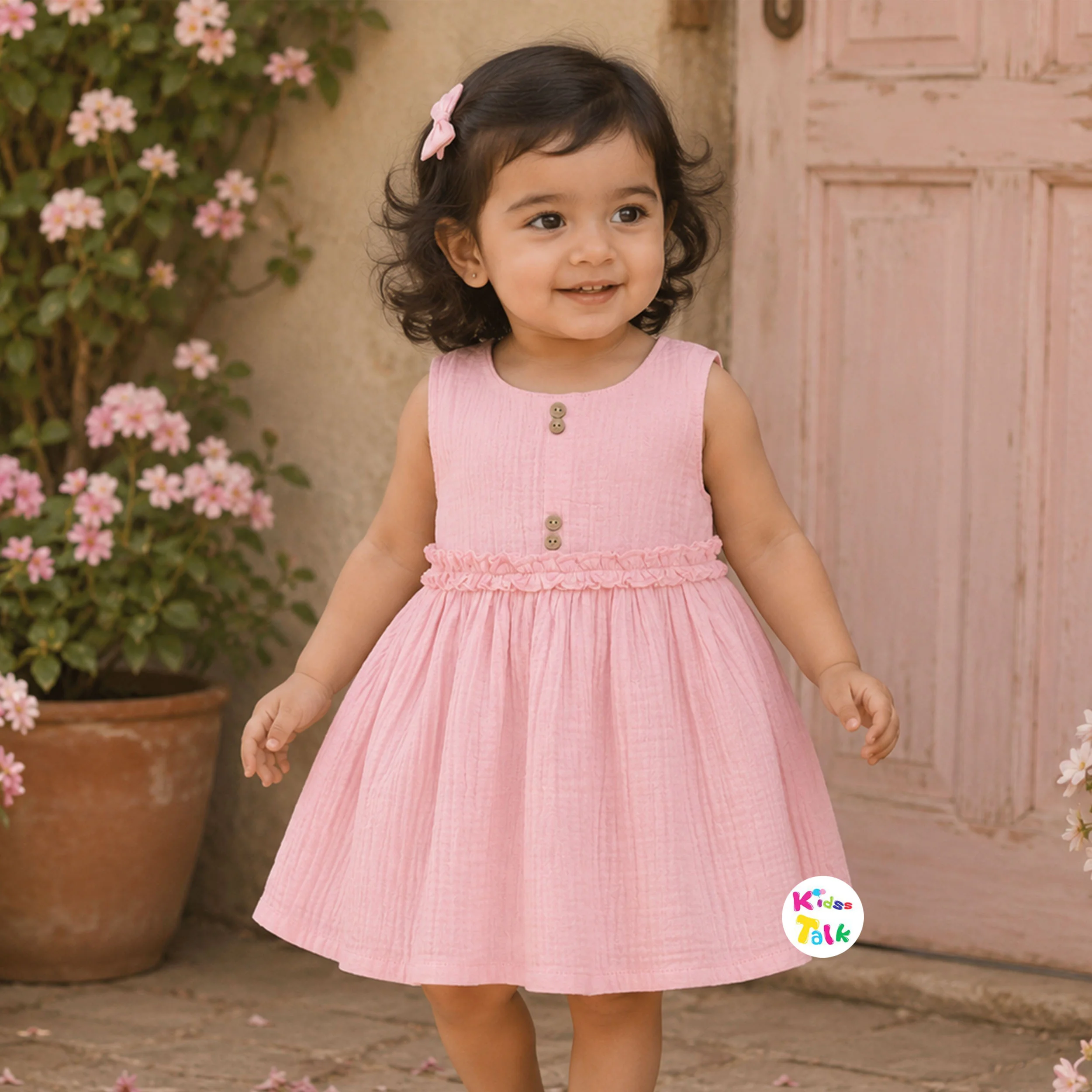 Cute Muslin Sleeveless Frock - Peach