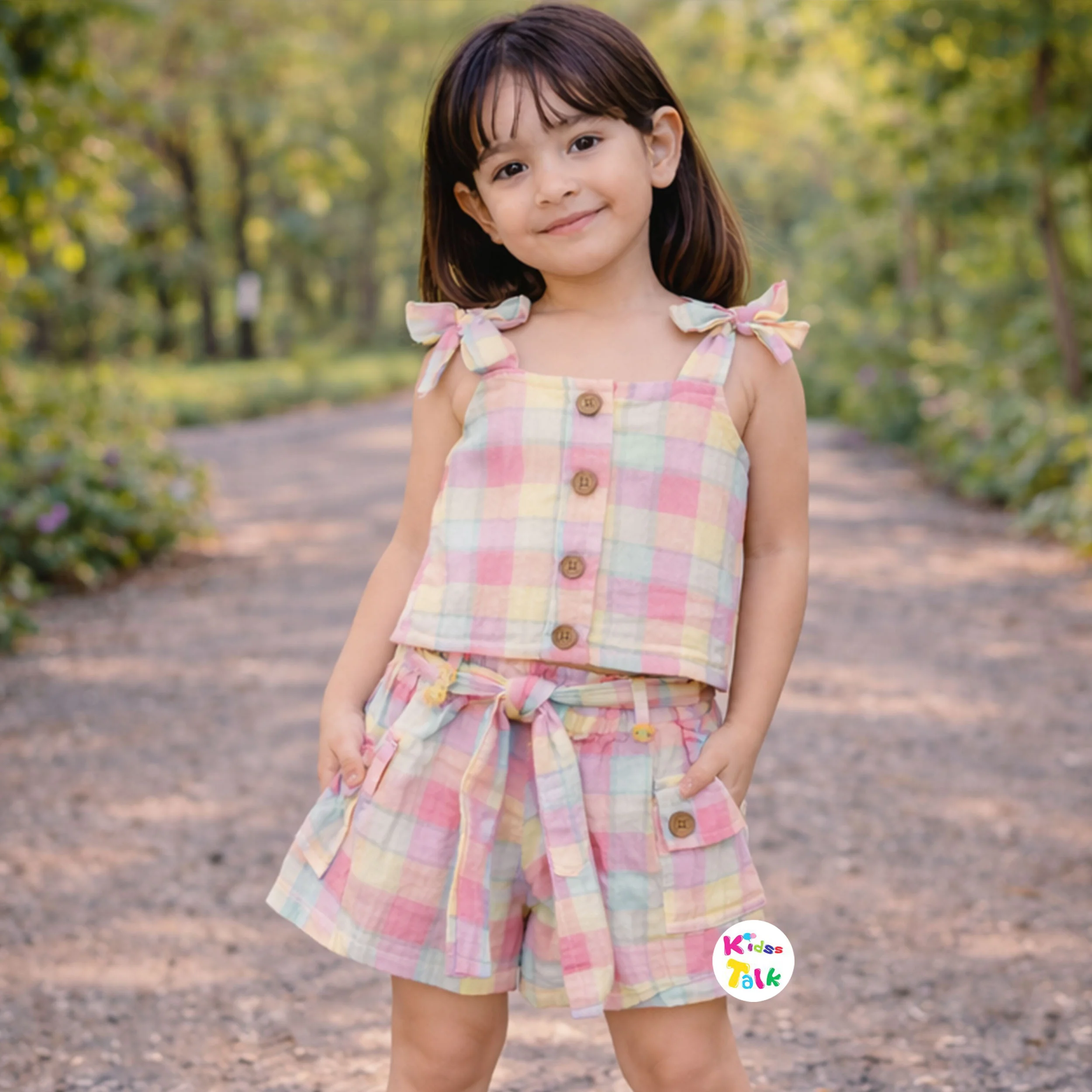 Muslin Sleeveless Half Pant Set With Checks - Multicolour