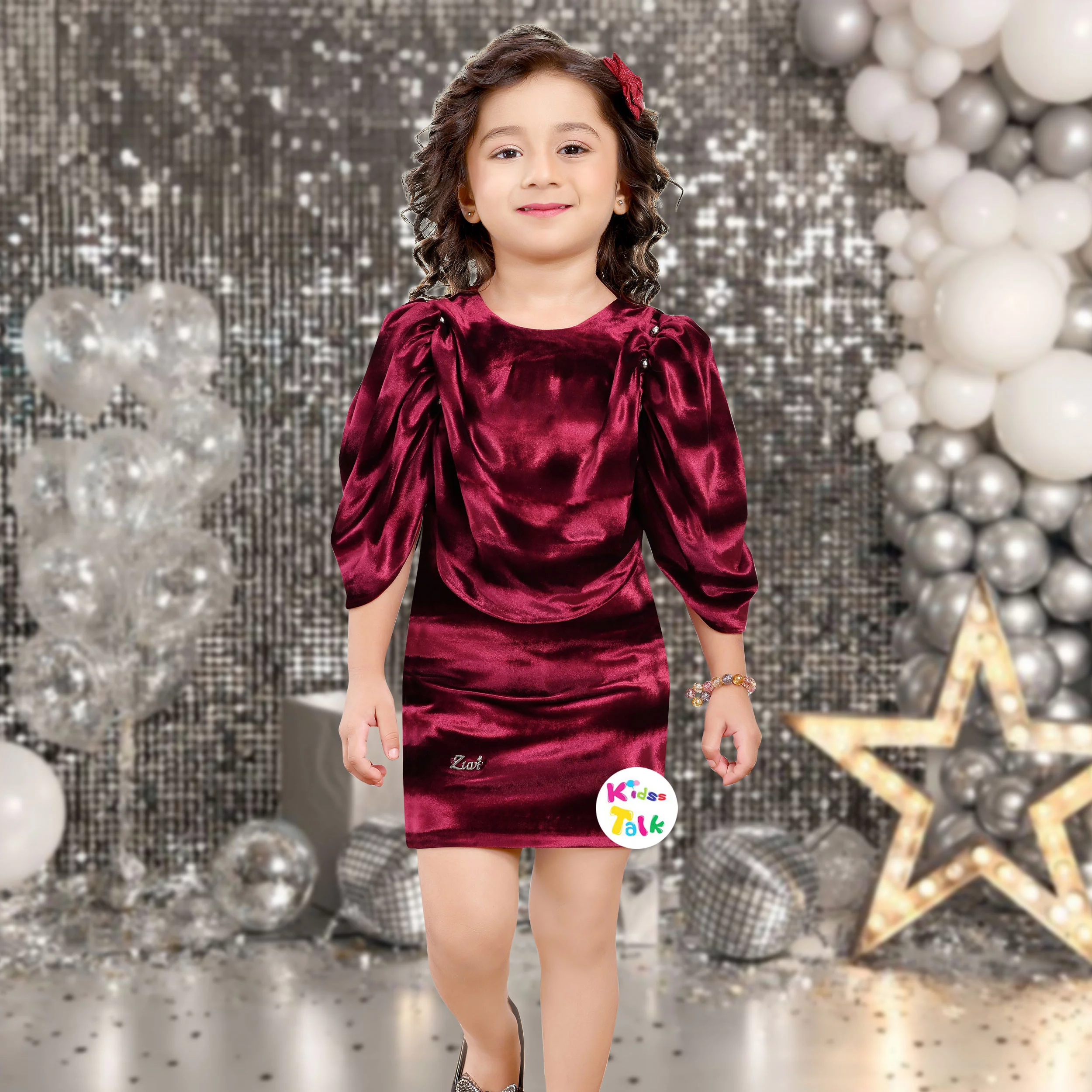 Velvet Half Sleeve Party Frock - Red