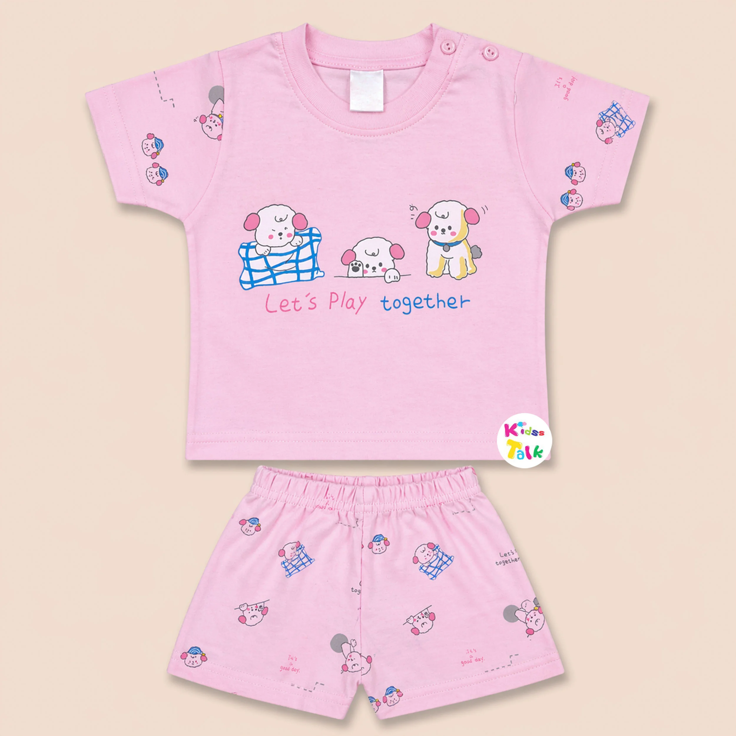 Cotton Knitted Half Sleeve T-shirt Set With Cute Print - Flamingo Pink