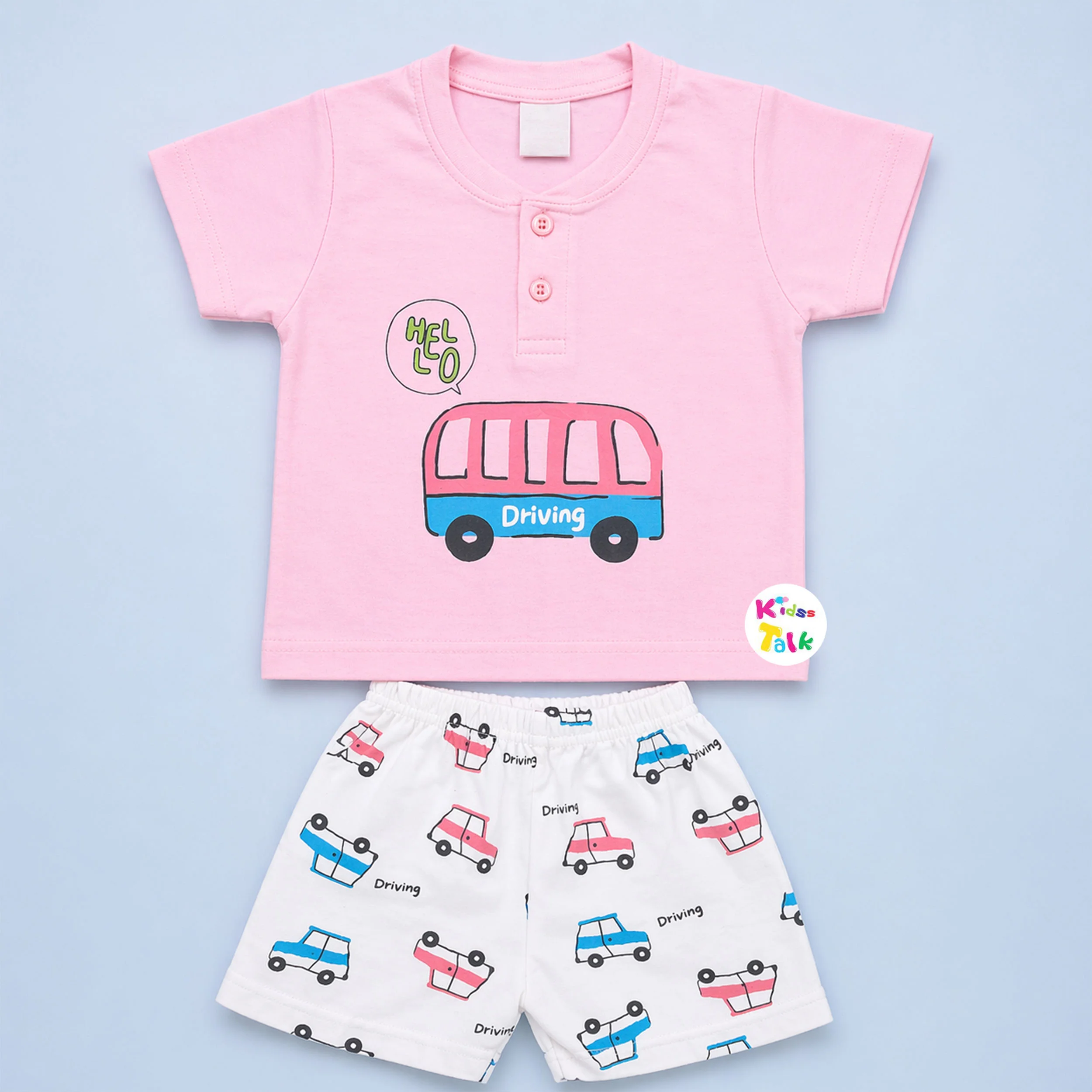 Cotton Knitted Half Sleeve T-shirt Set With Cute Print - Baby Pink