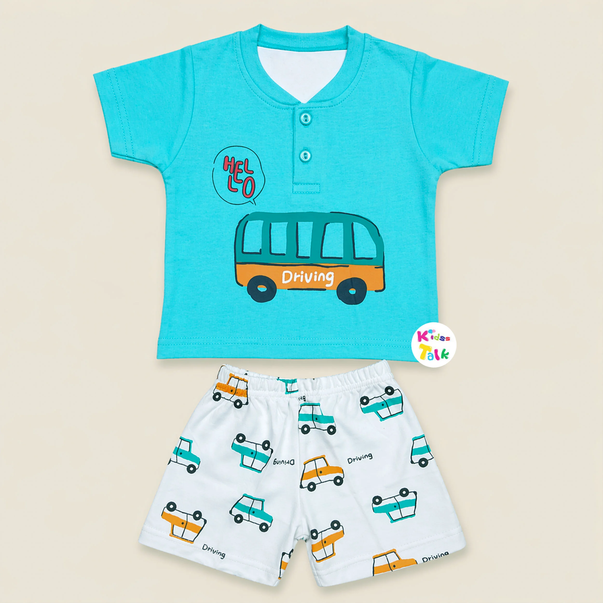 Cotton Knitted Half Sleeve T-shirt Set With Cute Print - Pista Green