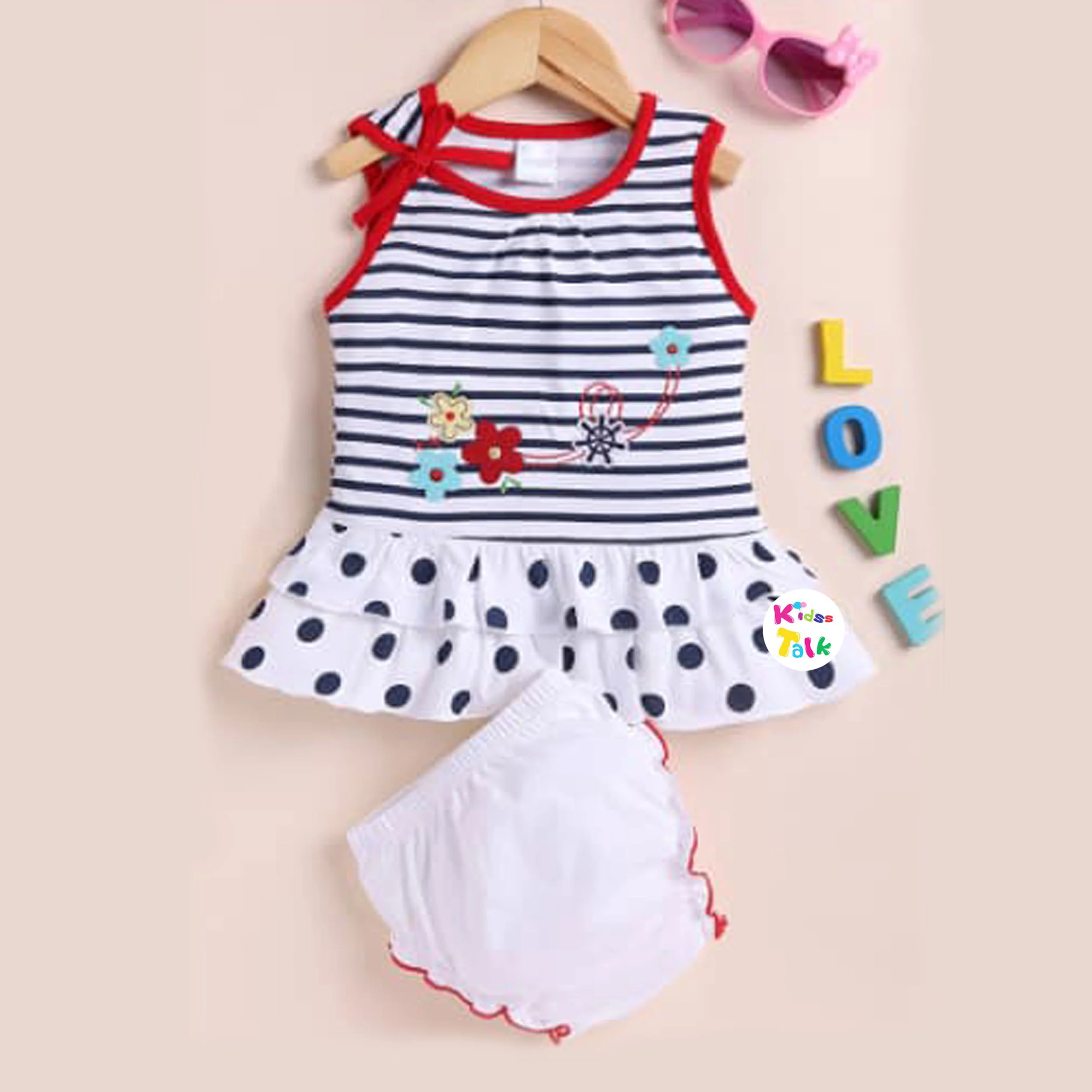 Cotton Knitted Sleeveless Frock With Cute Print - Red