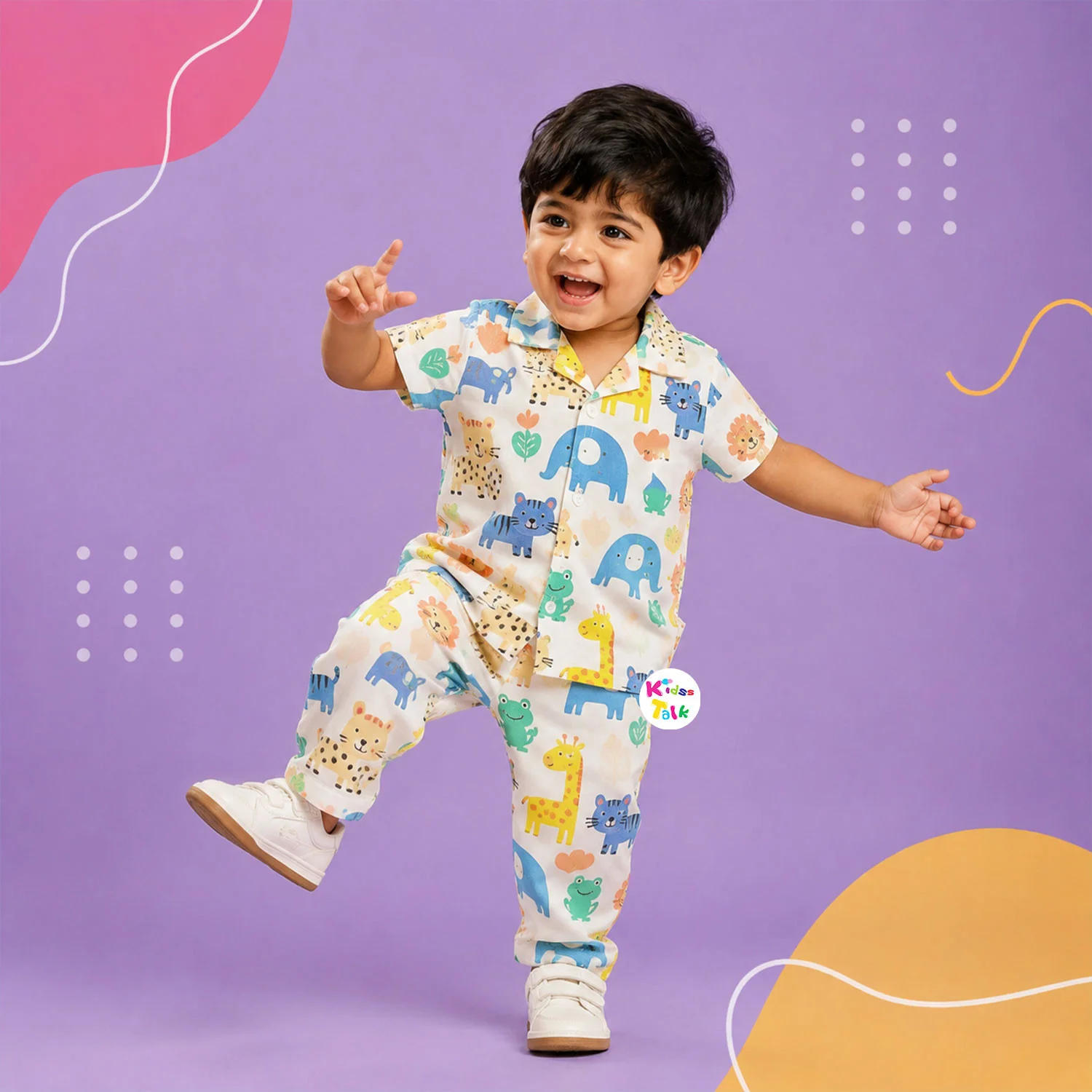 Cotton Knitted Half Sleeve Night Suit With Cute Prints - Ice Blue