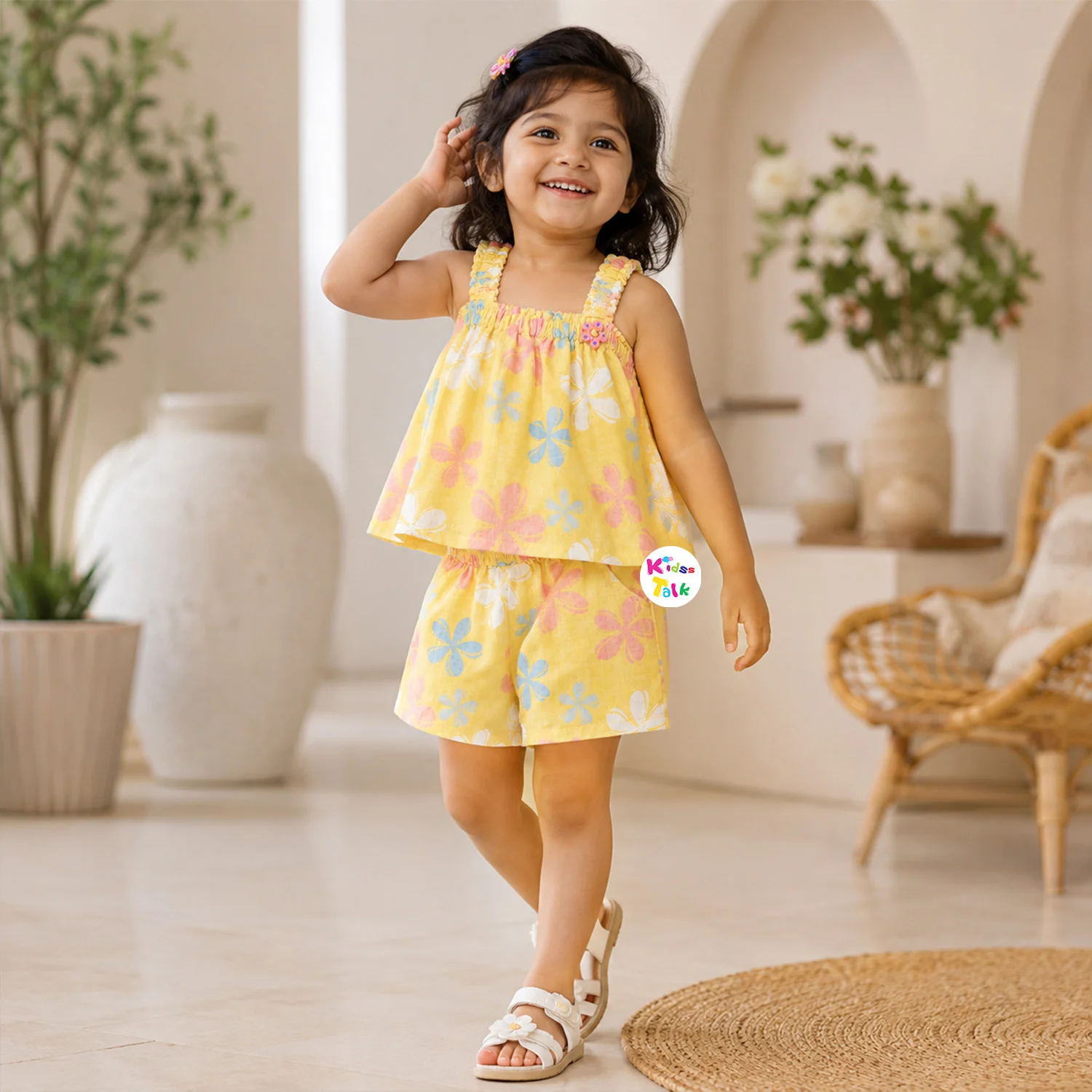 Muslin Sleeveless Top With Half Pant & Cute Printed - Lemon Yellow