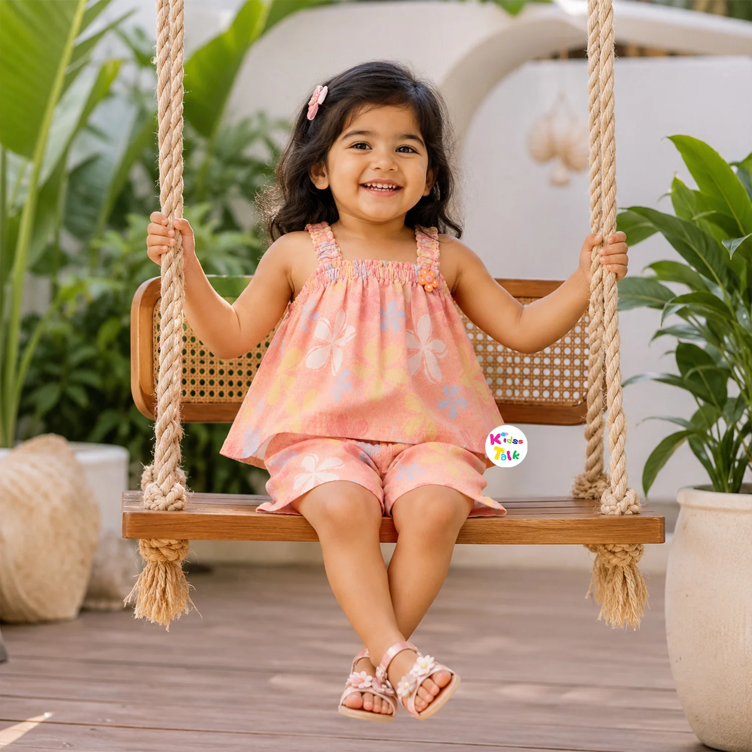 Muslin Sleeveless Top With Half Pant & Cute Printed - Peach