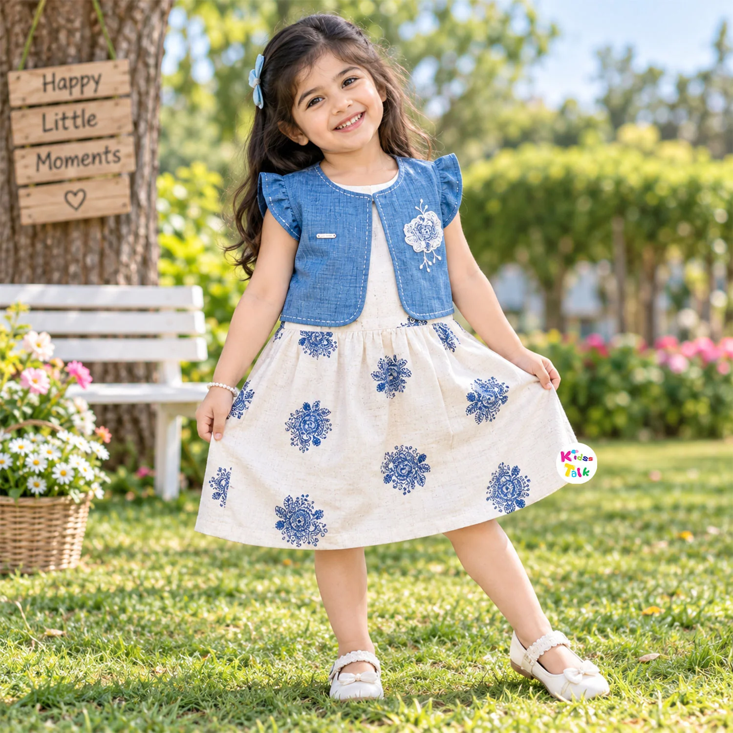 Cotton Ruffle Sleeve Frock Girls - Ice Blue