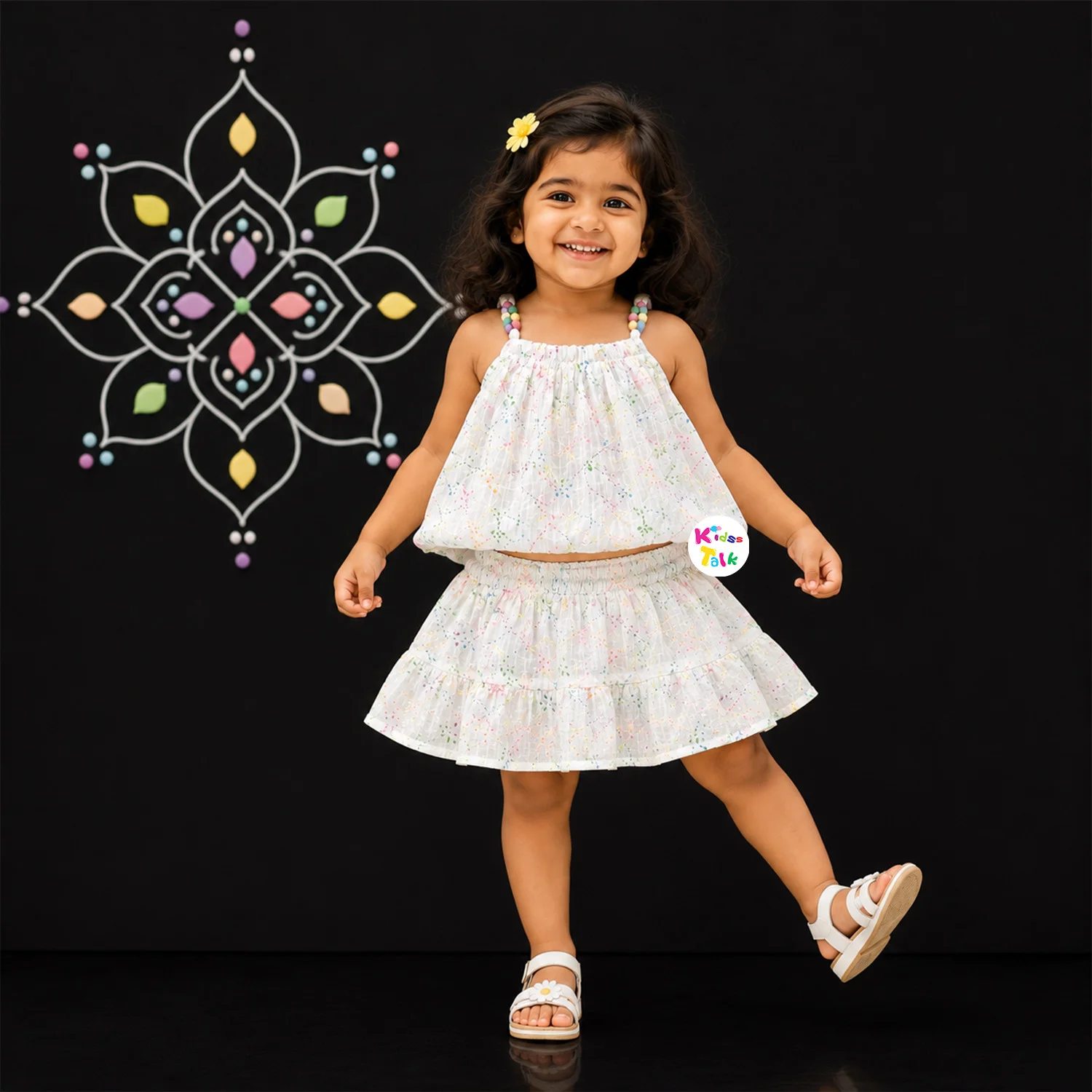 Cotton Sleeveless Skirt & Top With Cute Printed - Cream