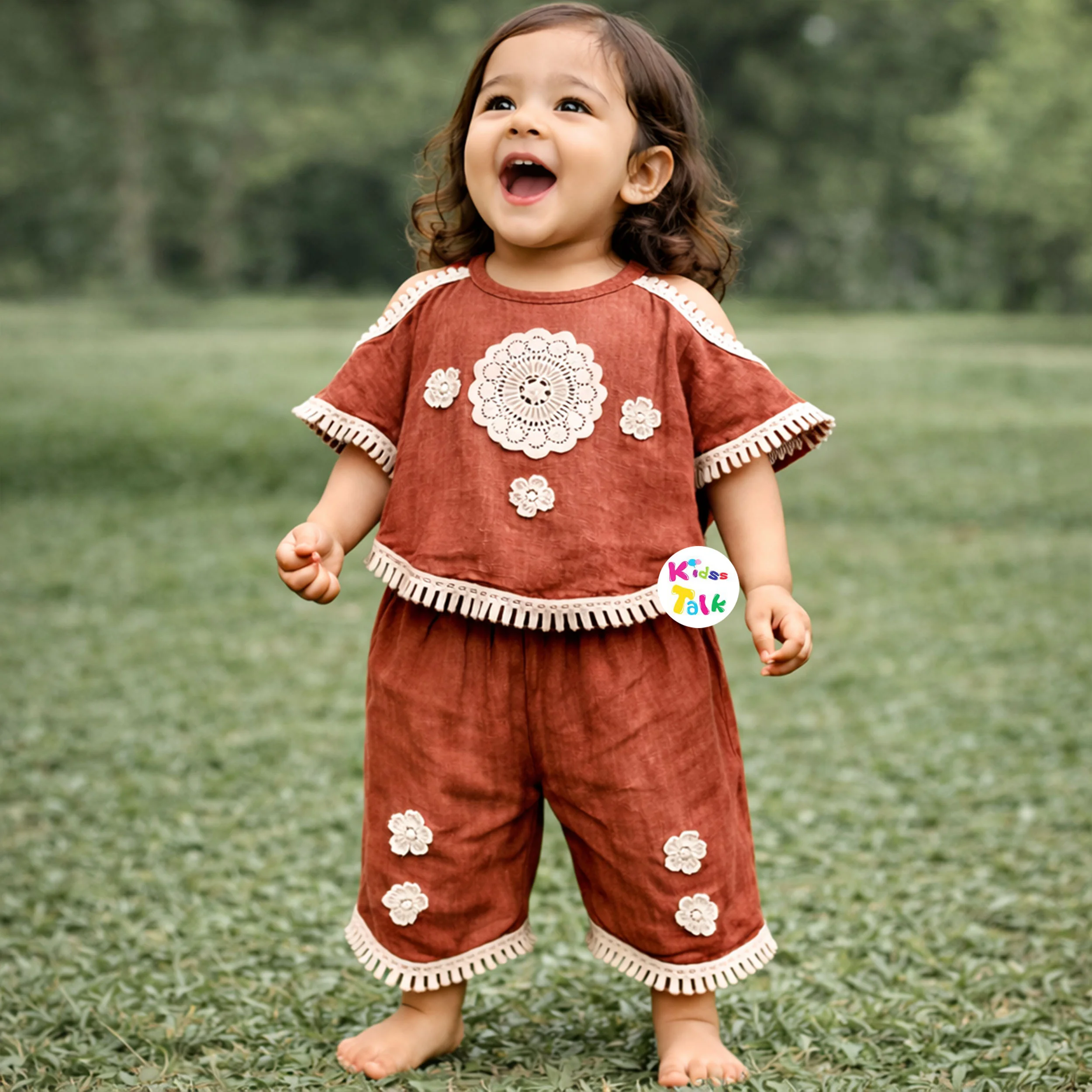 Cotton Half Sleeve Top With Embroidered Full Pant - Brown
