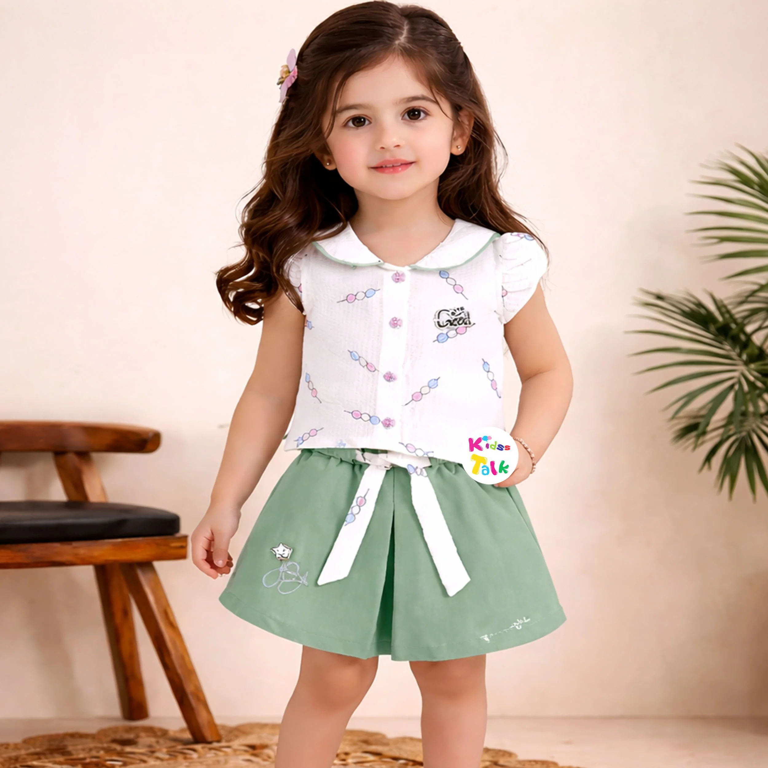Cotton Half Sleeve Half Pant Set With Cute Print - Olive Green