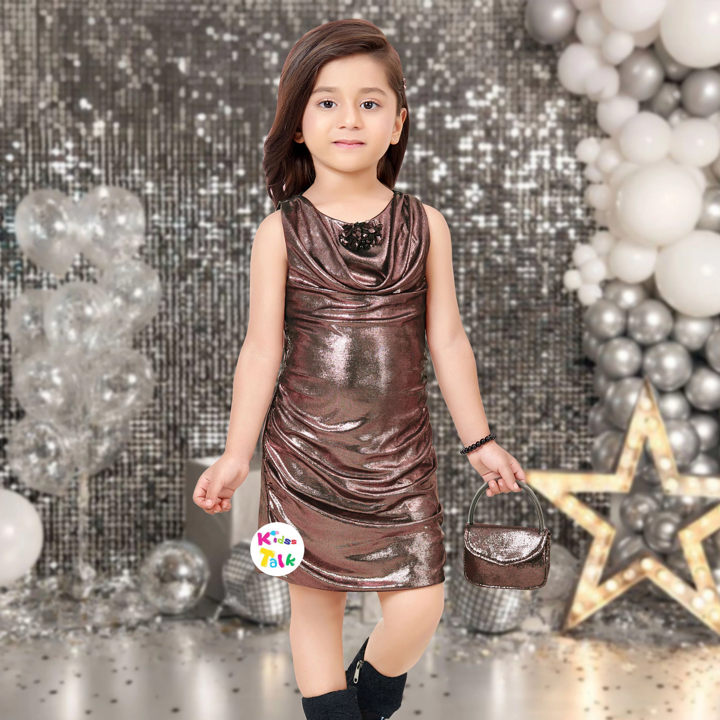 Shimmer Sleeveless Party Frock With Flower Applique - Brown