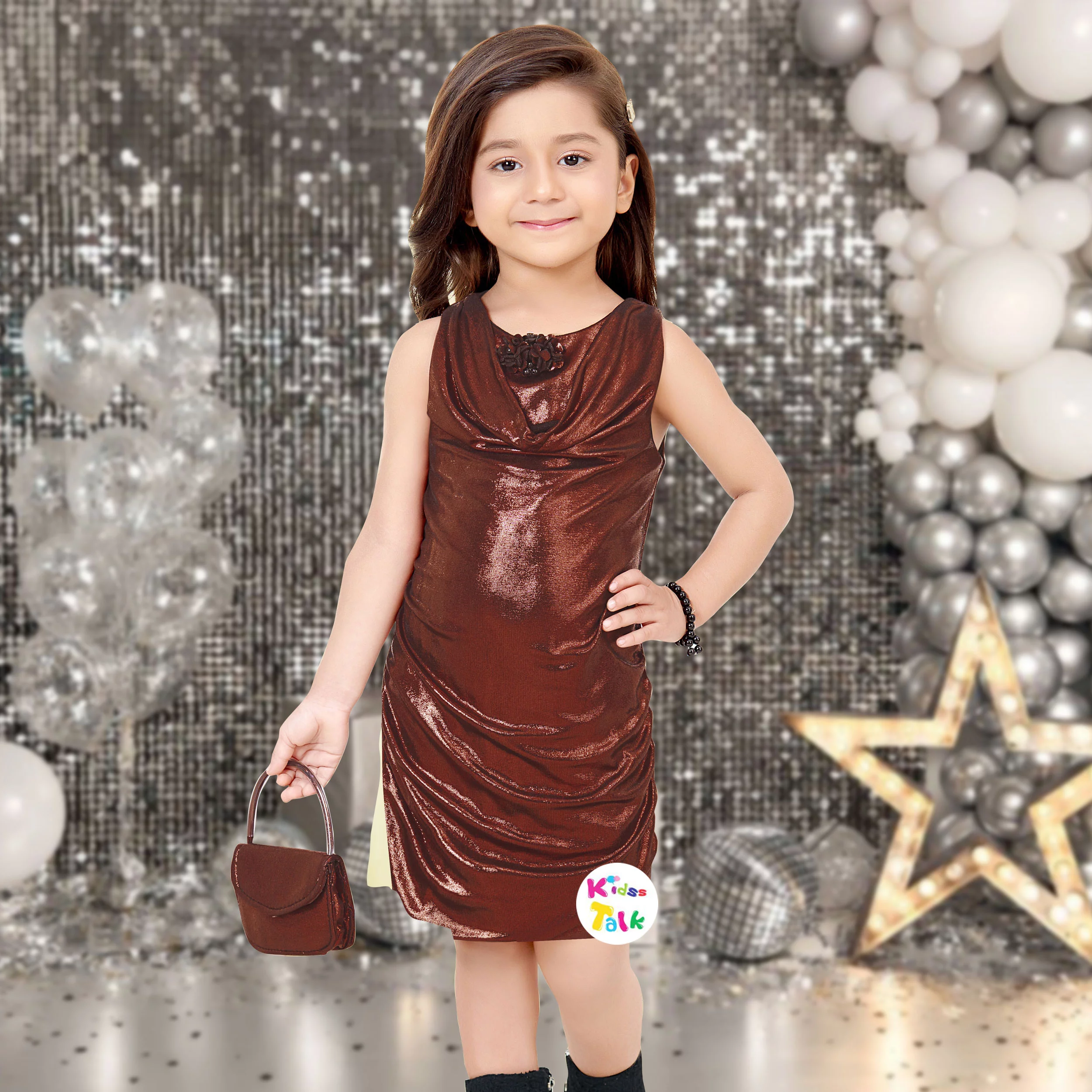 Shimmer Sleeveless Party Frock With Flower Applique - Maroon