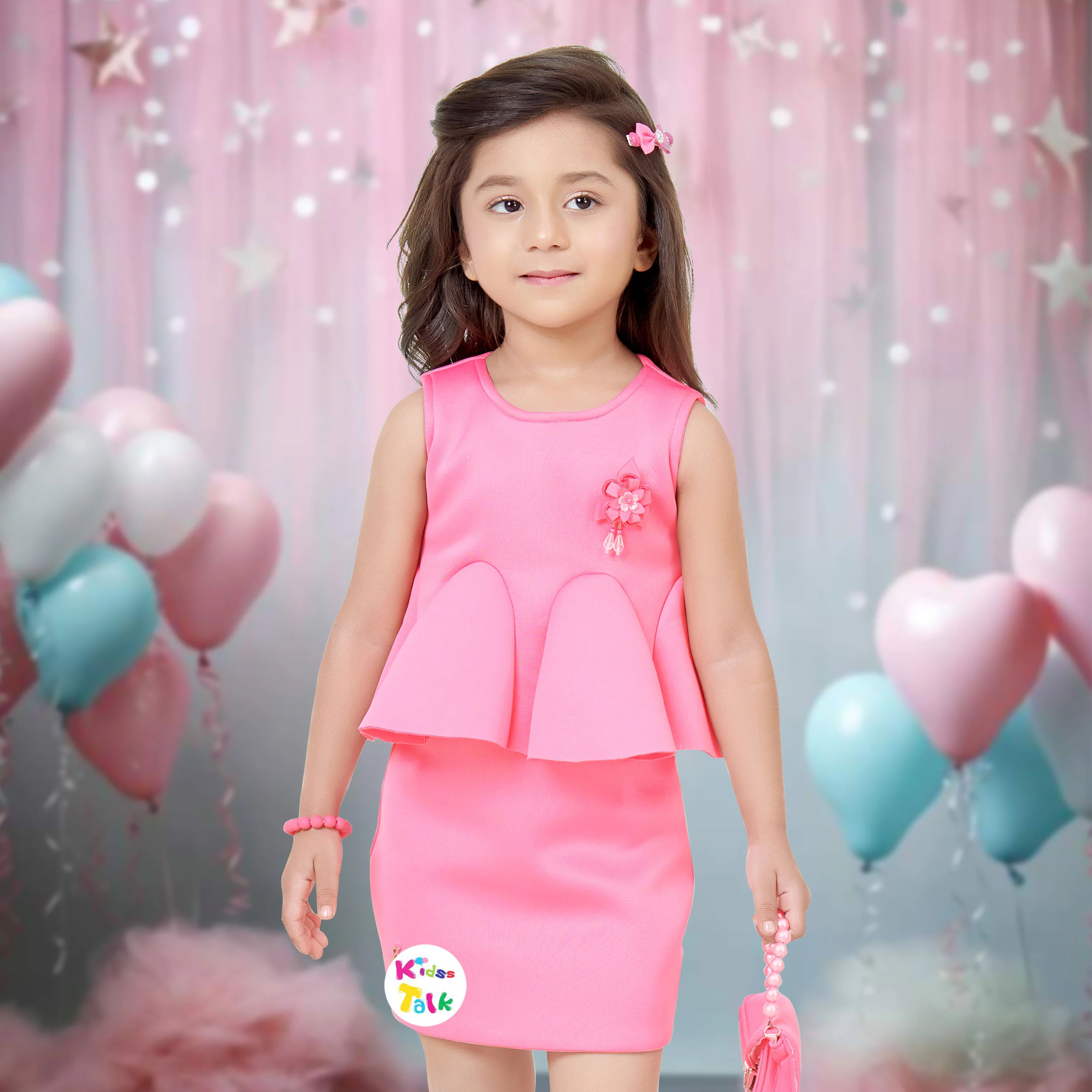 Scuba Sleeveless Party Frock With Flower Applique- Baby Pink