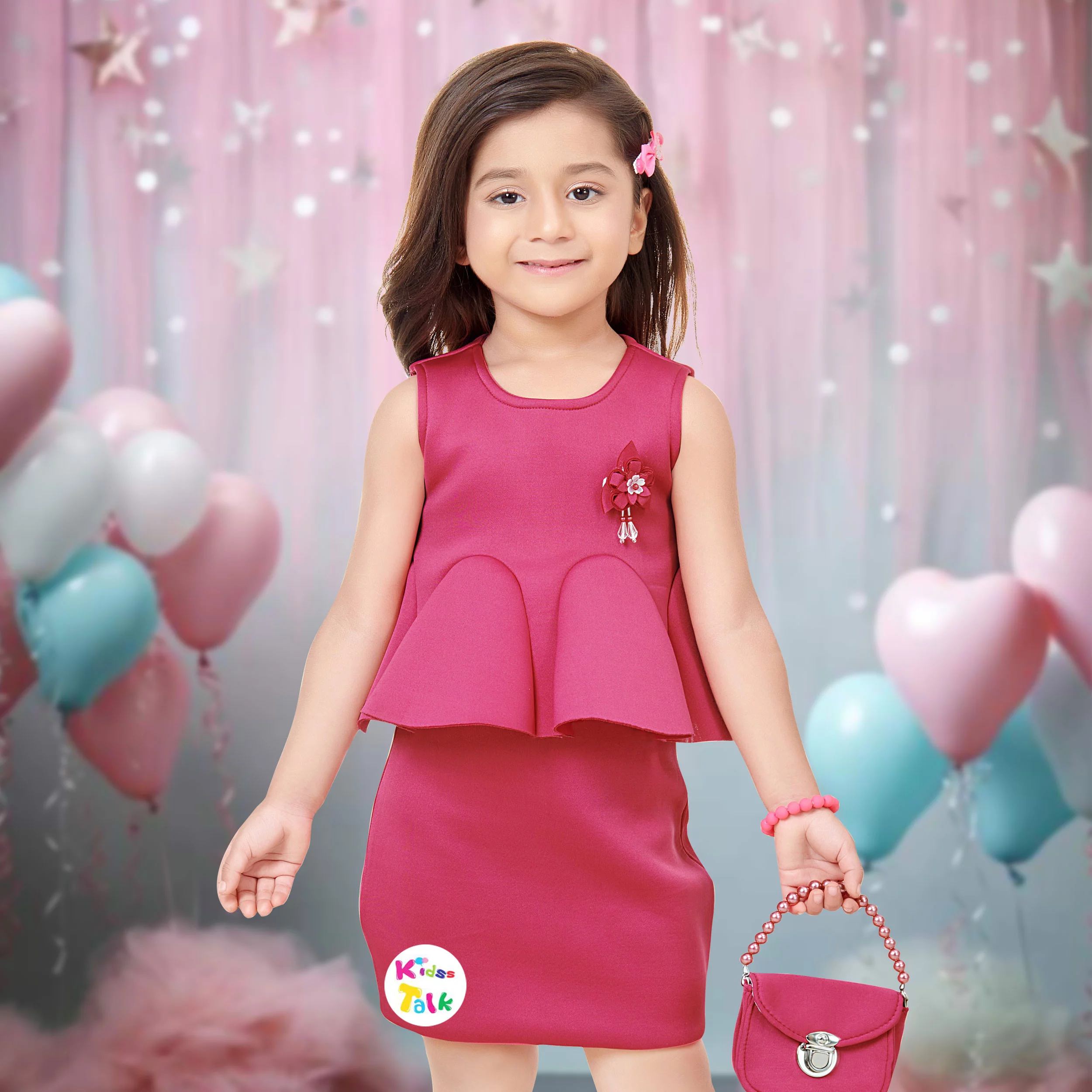 Scuba Sleeveless Party Frock With Flower Applique- Hot Pink