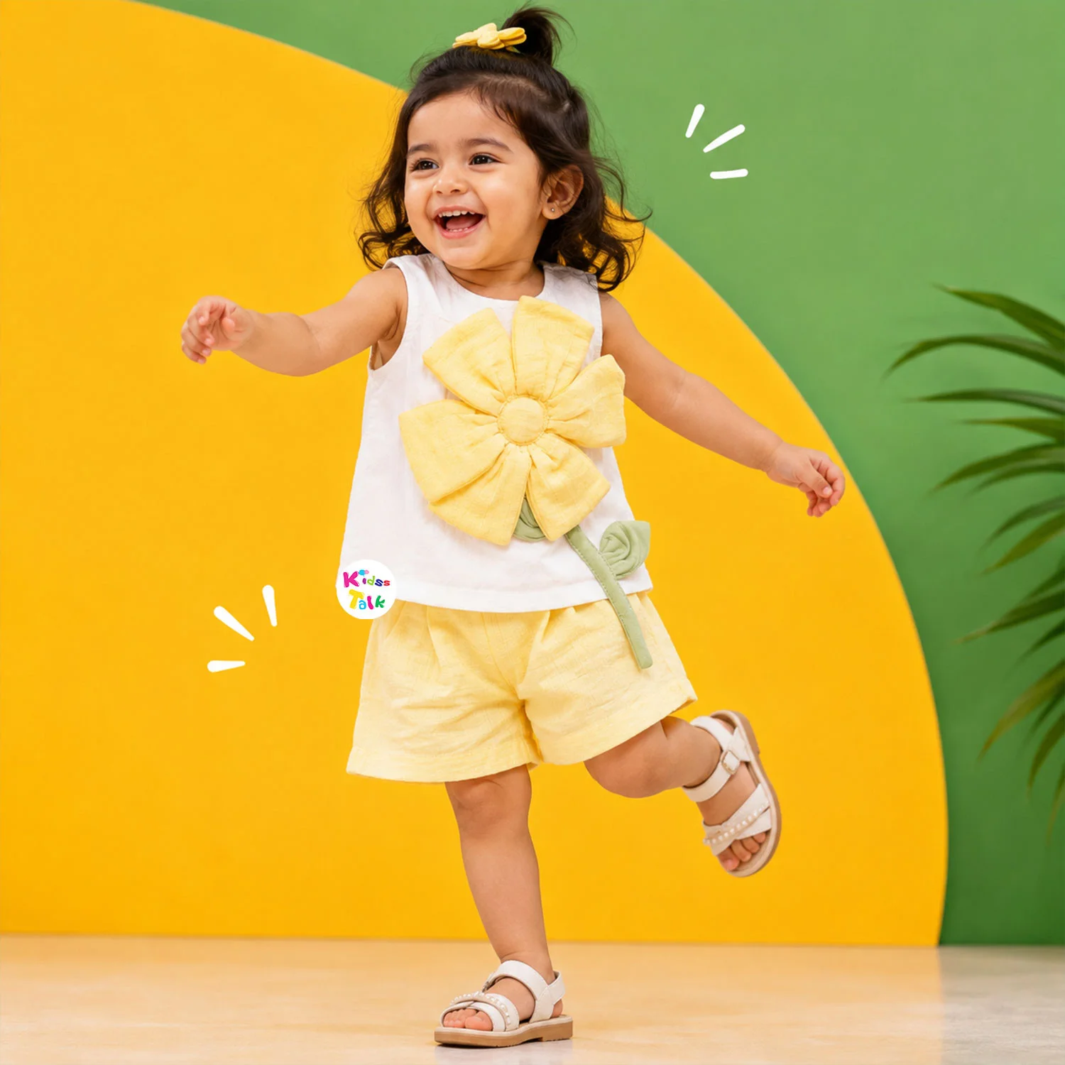 Cotton Linen Sleeveless Half Pant Set With Artificial Flower - Lemon Yellow