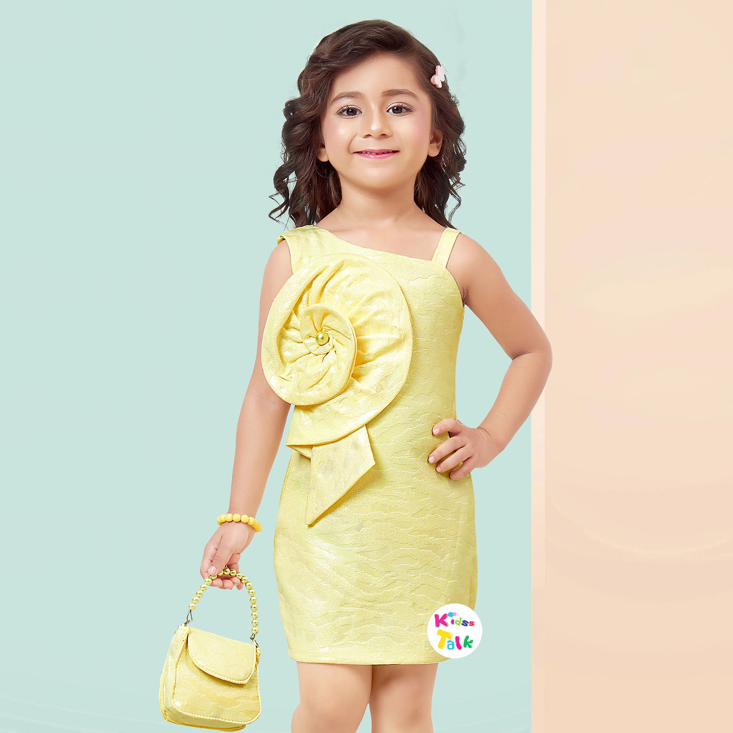 Shimmer Sleeveless Party Frock With Flower Applique- Lemon Yellow