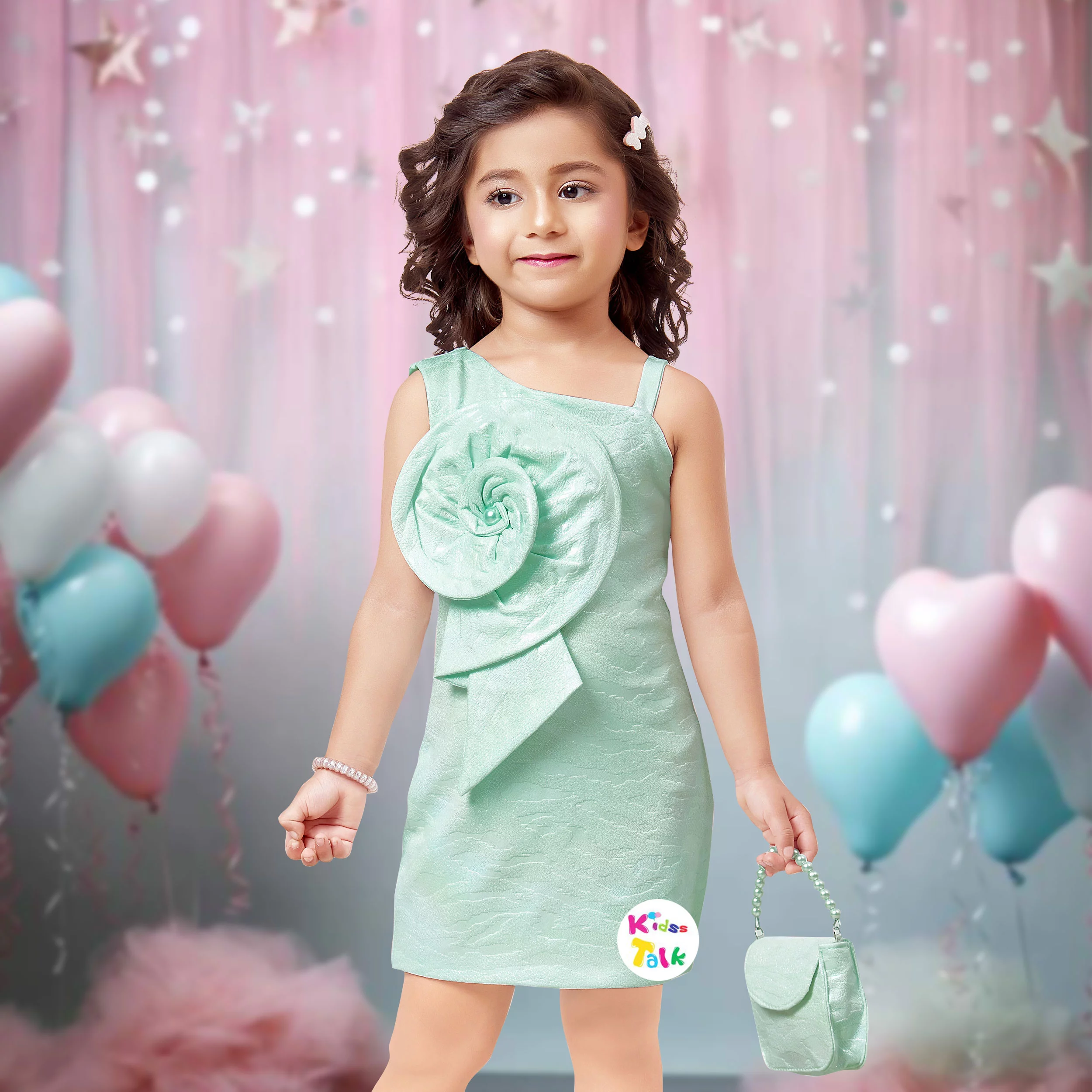 Shimmer Sleeveless Party Frock With Flower Applique- Mint Green