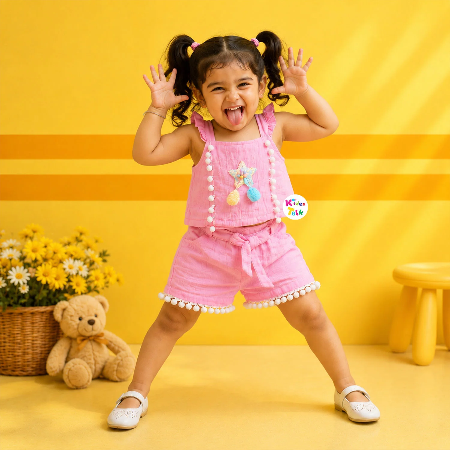 Muslin Sleeveless Half Pant Set With Pom Pom Lace - Baby Pink