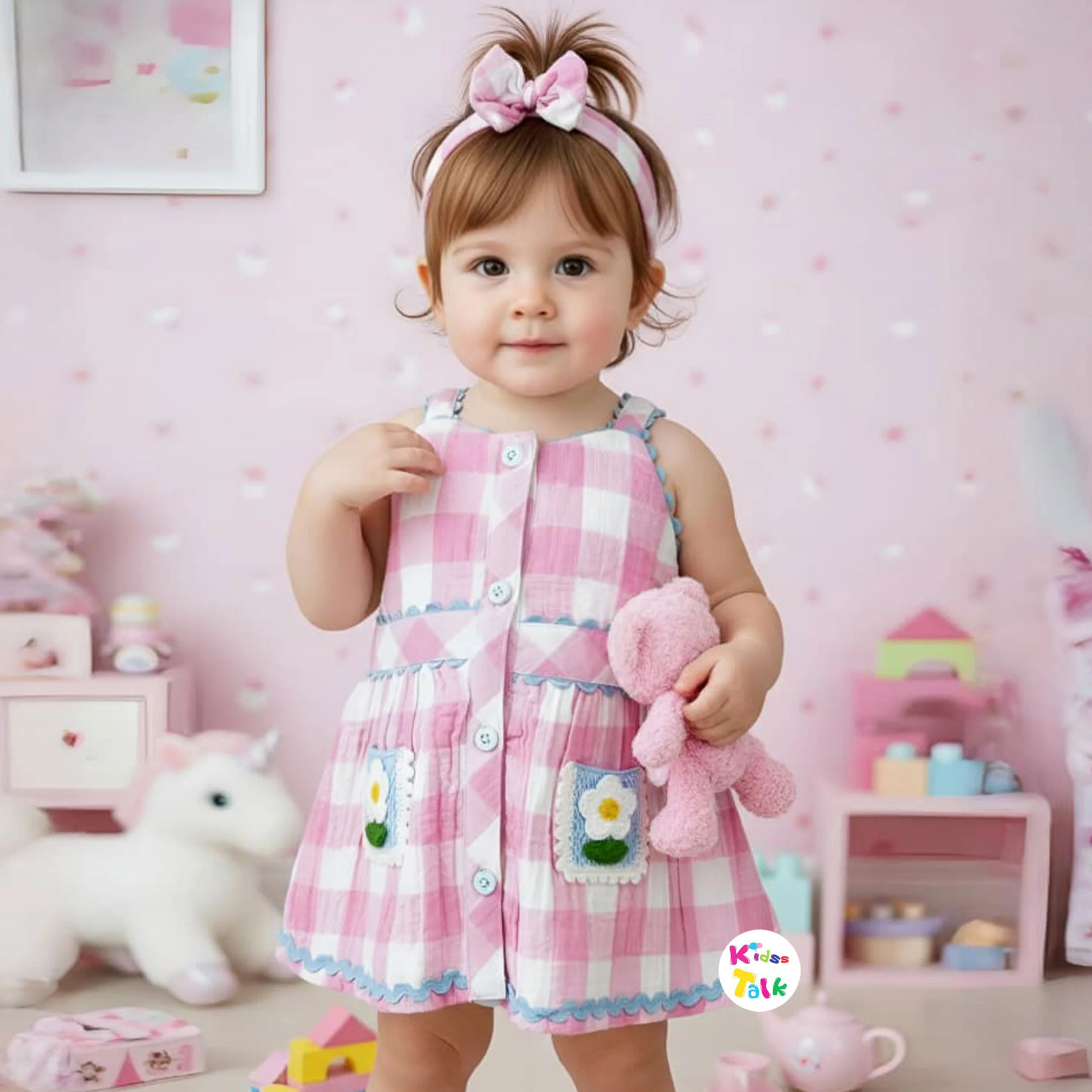 Muslin Sleeveless Frock With Cute Checks - Baby Pink