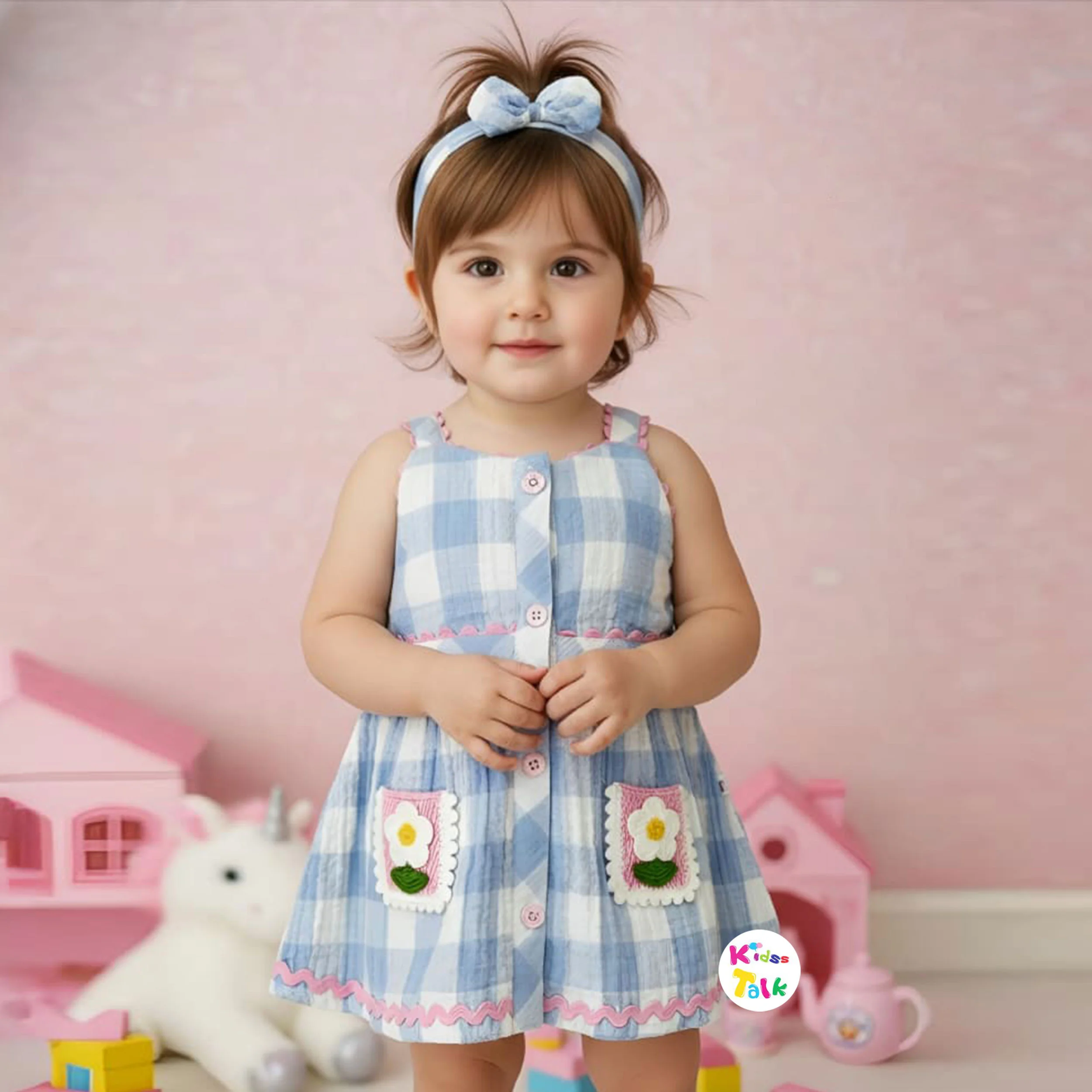 Muslin Sleeveless Frock With Cute Checks - Ice Blue