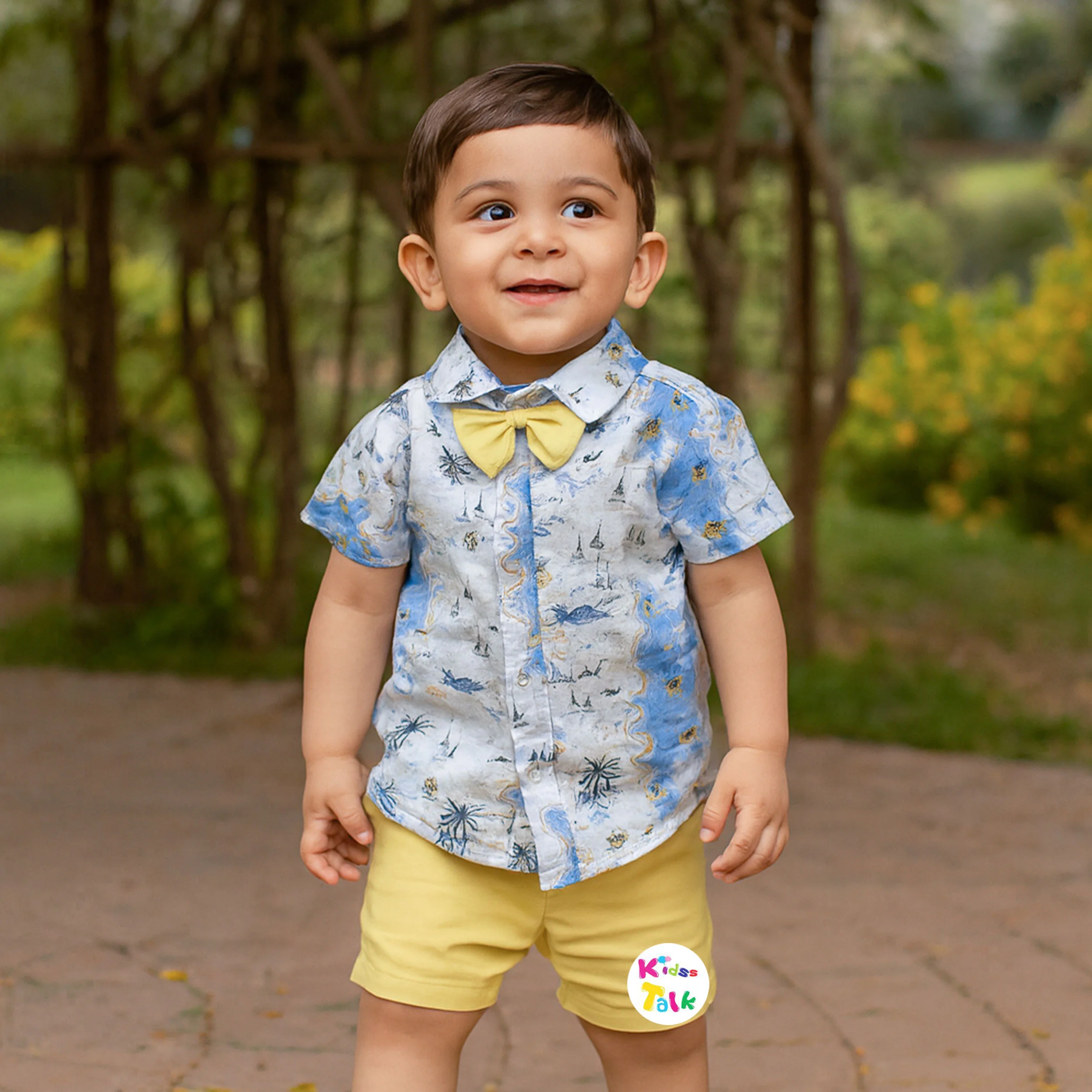 Cotton Half Sleeve Shirt With Half Pant & Suspender - Lemon Yellow