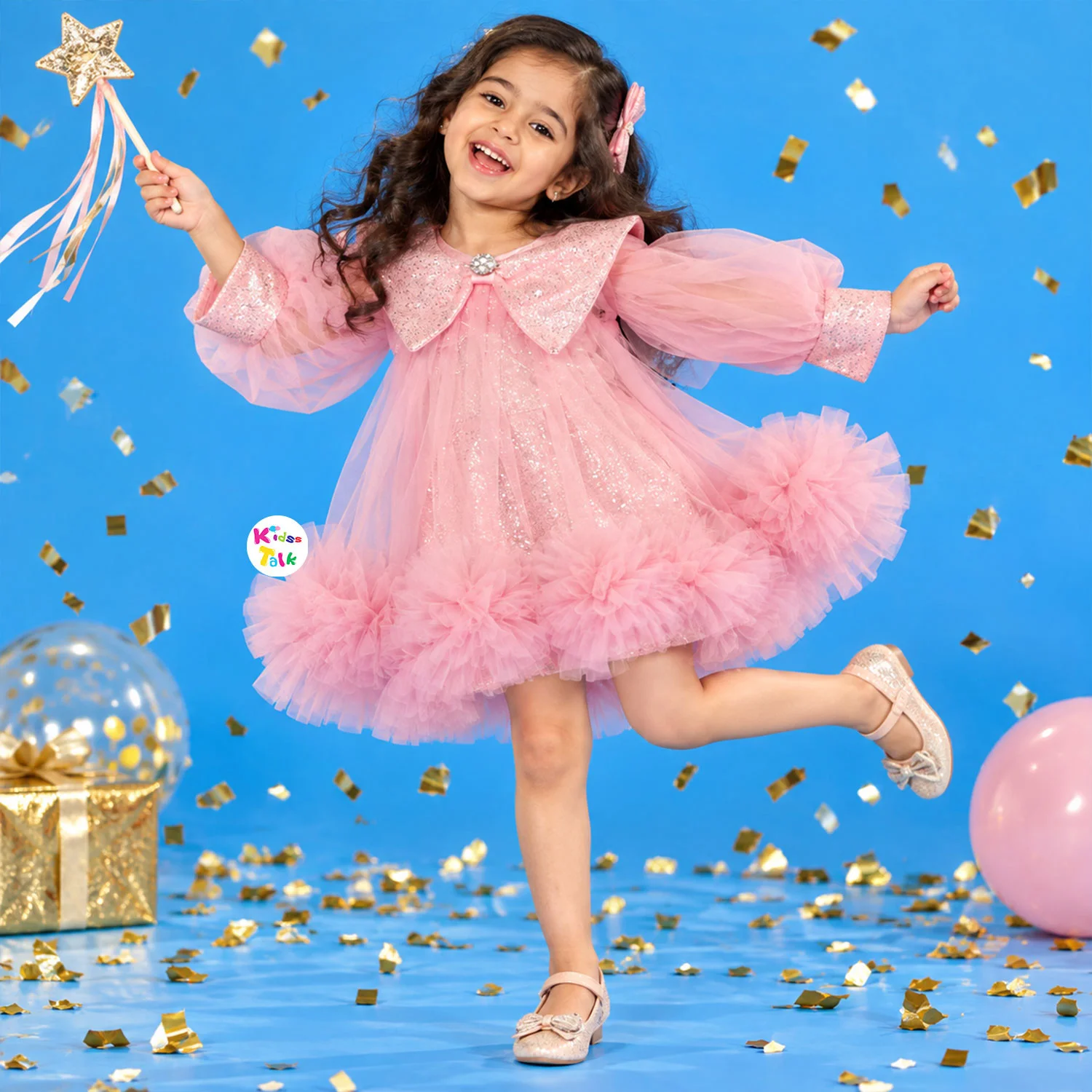 Net Balloon Sleeve Fluffy Party Frock With Bow Applique - Baby Pink