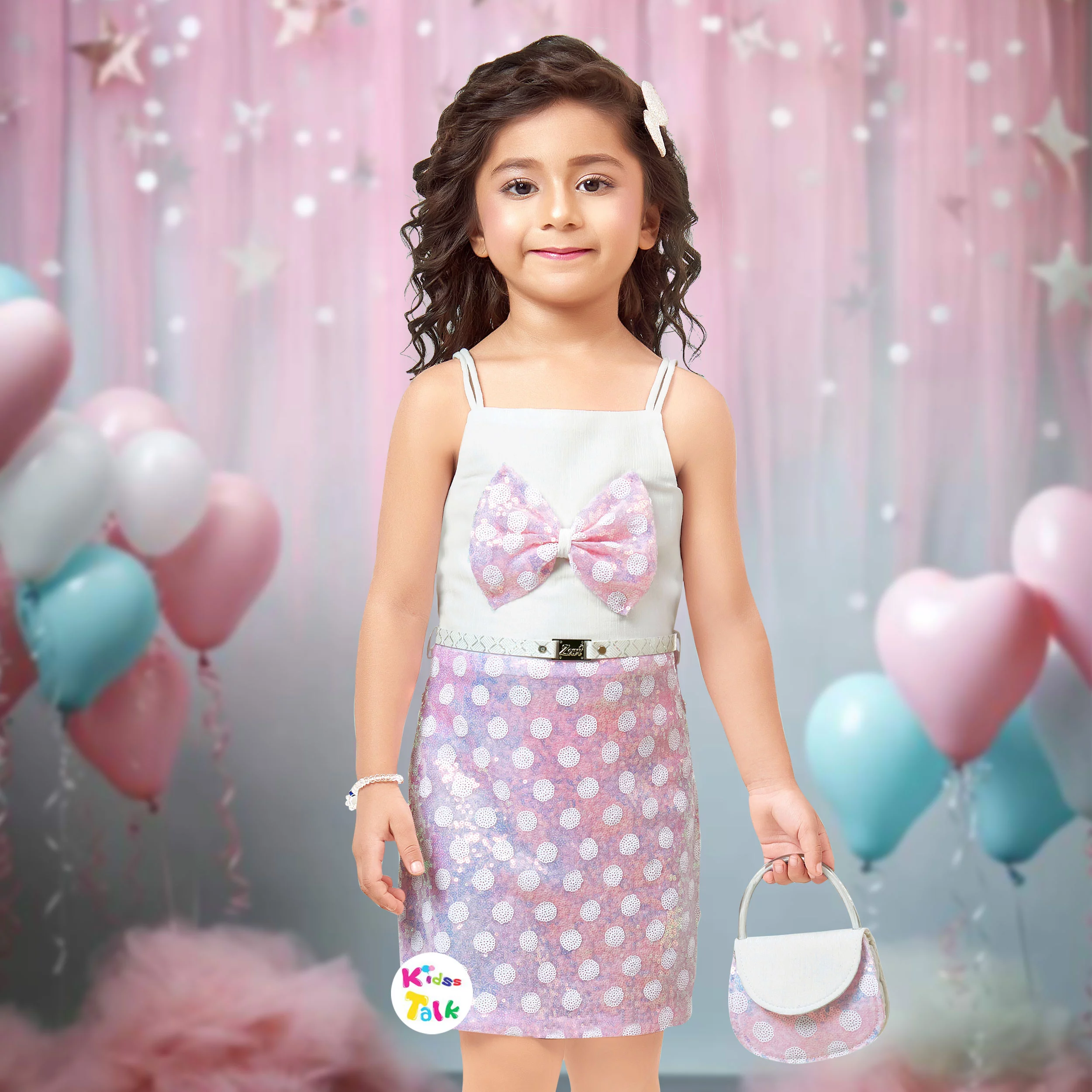 Sequins Sleeveless Party Frock With Bow Applique- Baby Pink