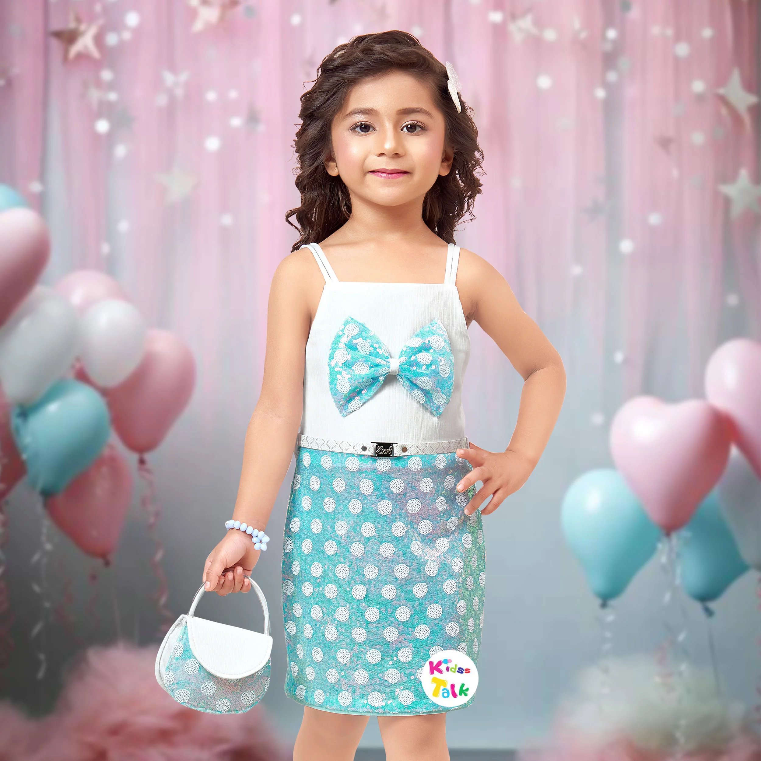 Sequins Sleeveless Party Frock With Bow Applique- Ice Blue