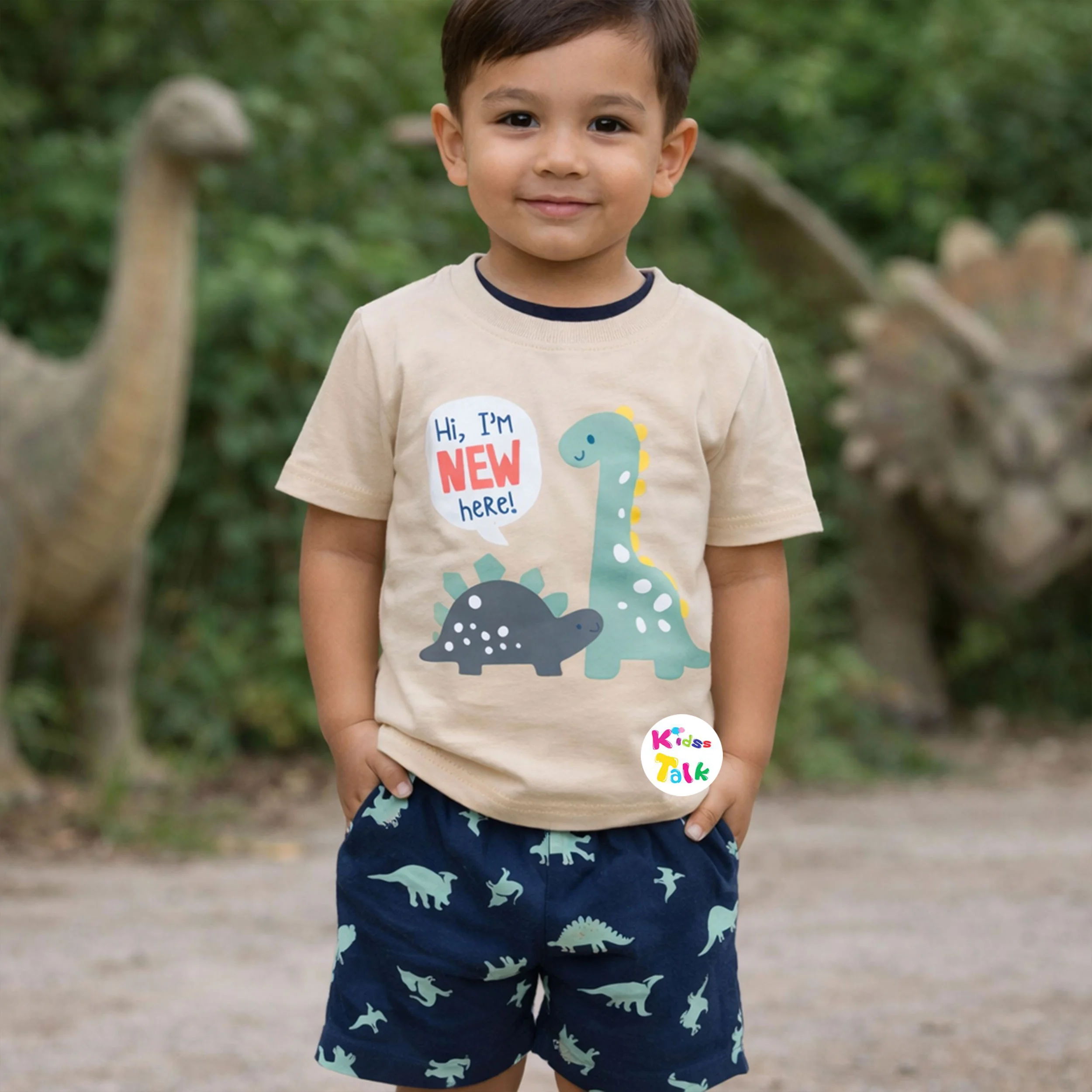 Cotton Knitted Half Sleeve T-shirt With Cute Printed - Beige
