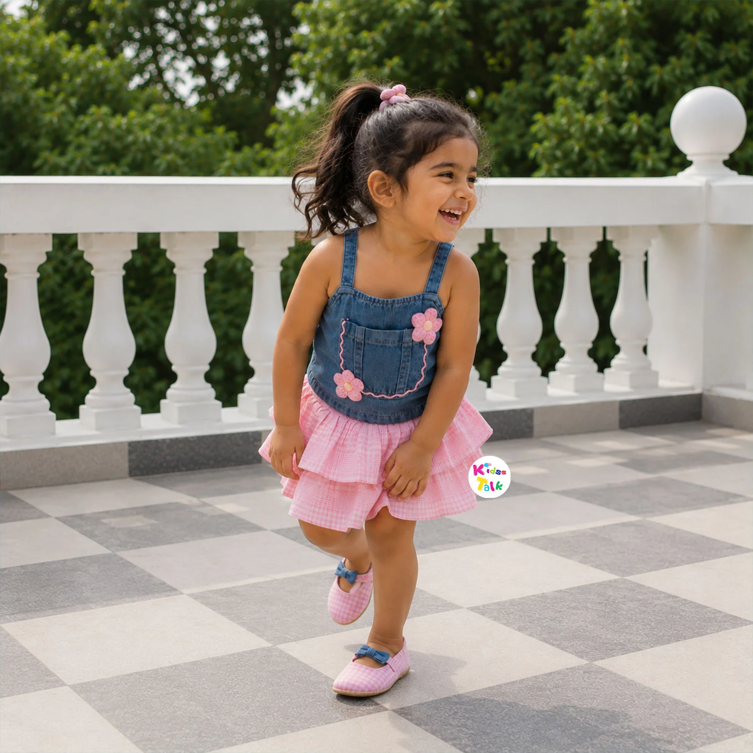 Denim Sleeveless Cute Patch Work Skirt & Top - Baby Pink