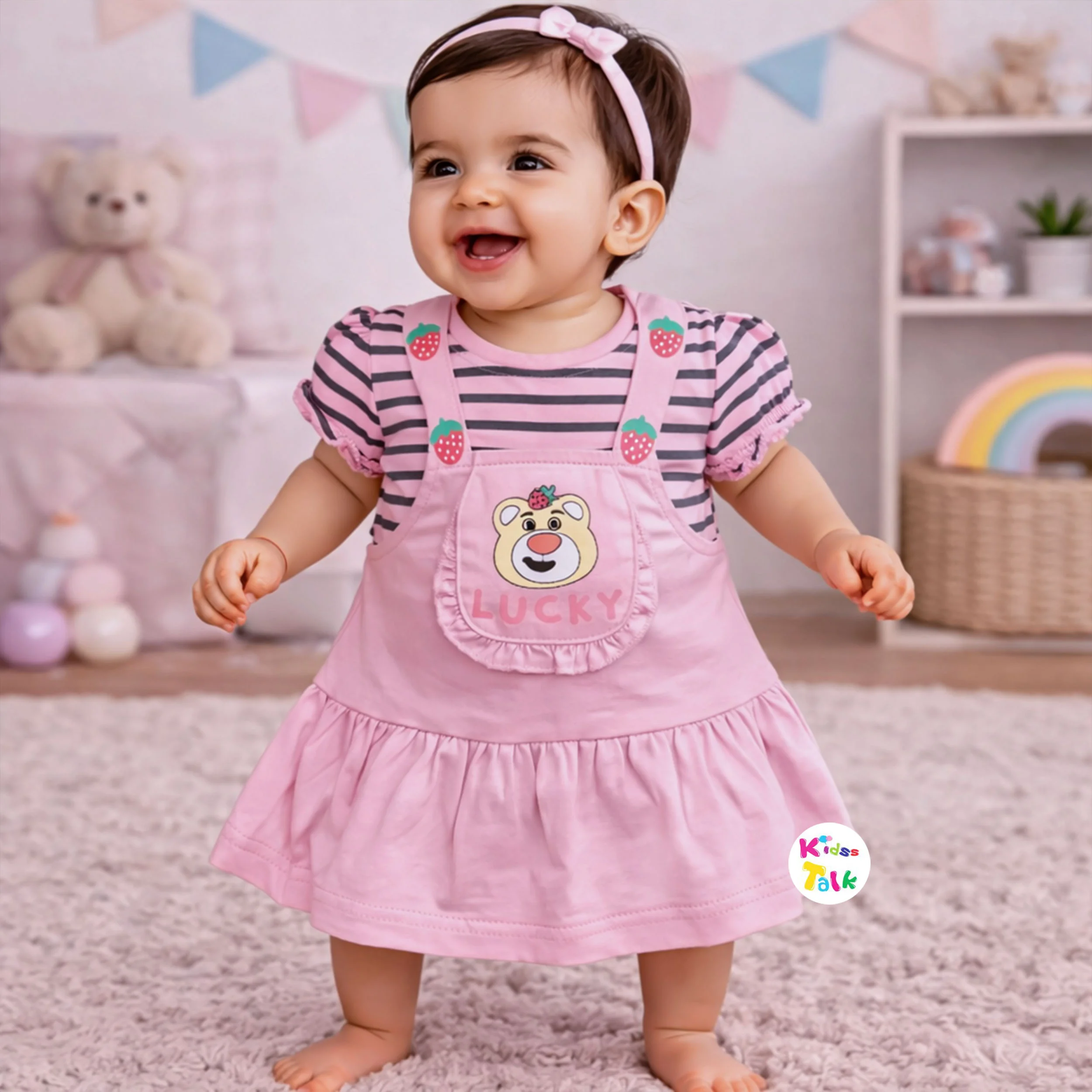 Cotton Knitted Half Sleeve Frock With Cute Print - Baby Pink