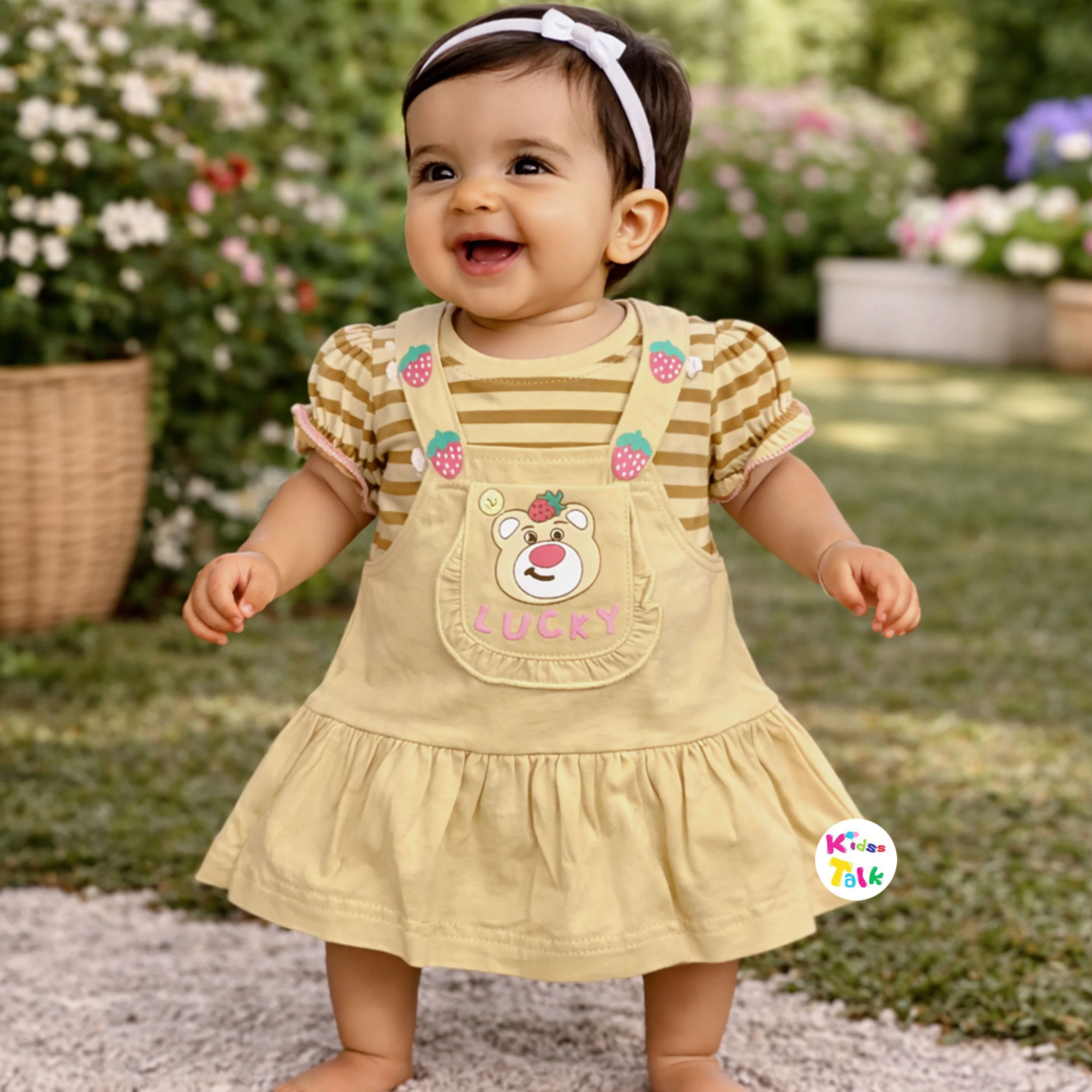Cotton Knitted Half Sleeve Frock With Cute Print - Lemon Yellow