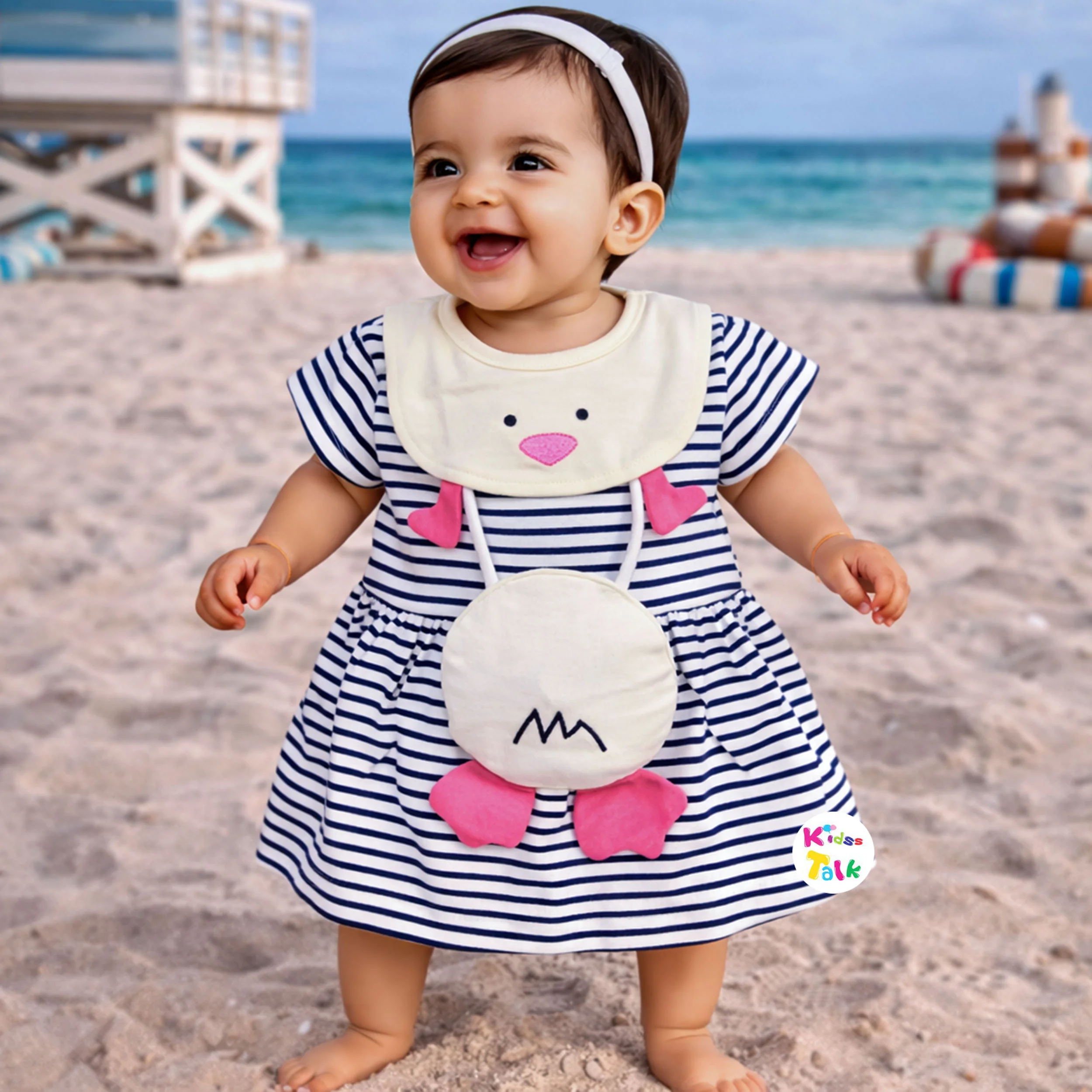 Cotton Knitted Half Sleeve Frock With Cute Patch Work - Baby Pink