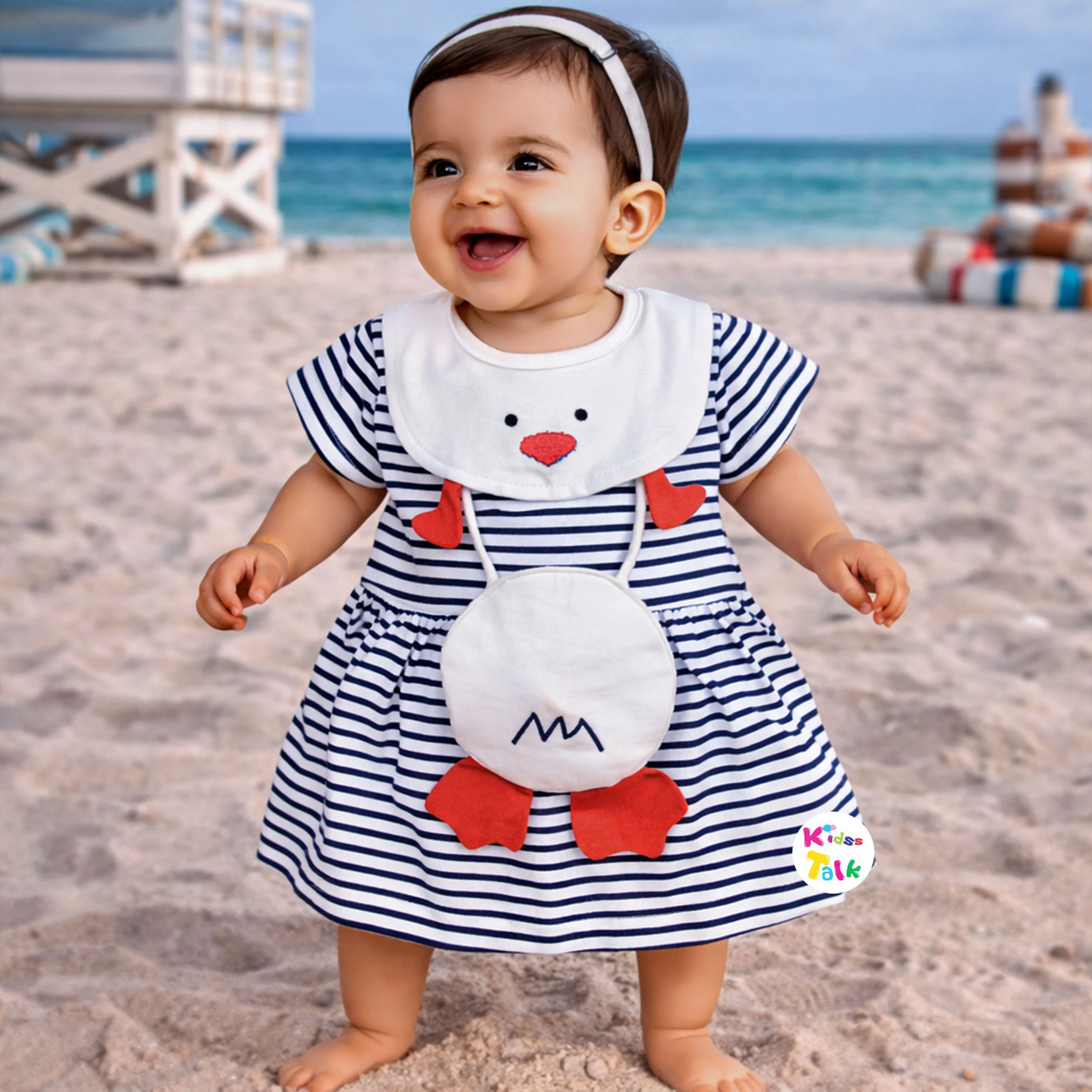 Cotton Knitted Half Sleeve Frock With Cute Patch Work - Orange