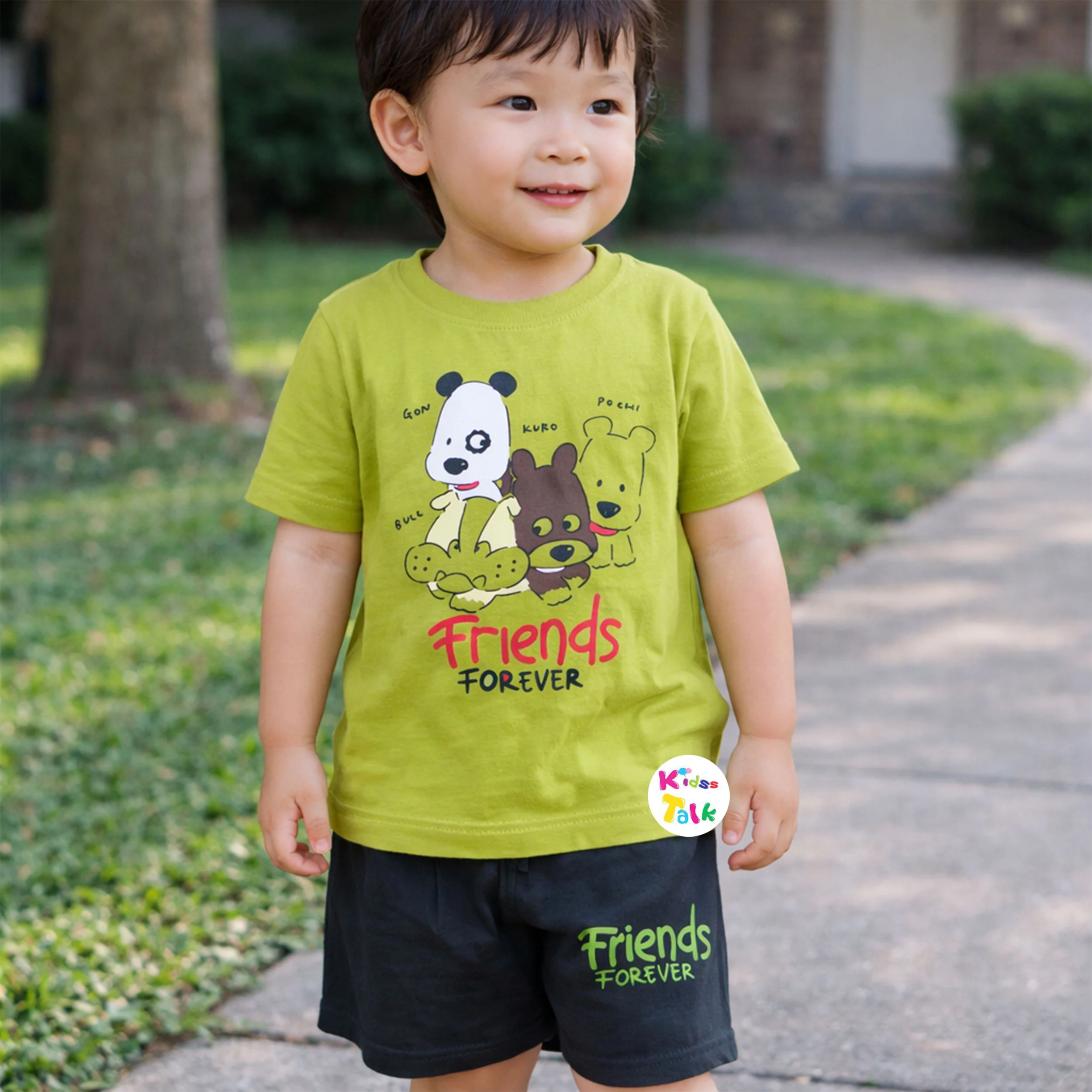 Cotton Knitted Half Sleeve T-shirt Set With Cute Print - Olive Green