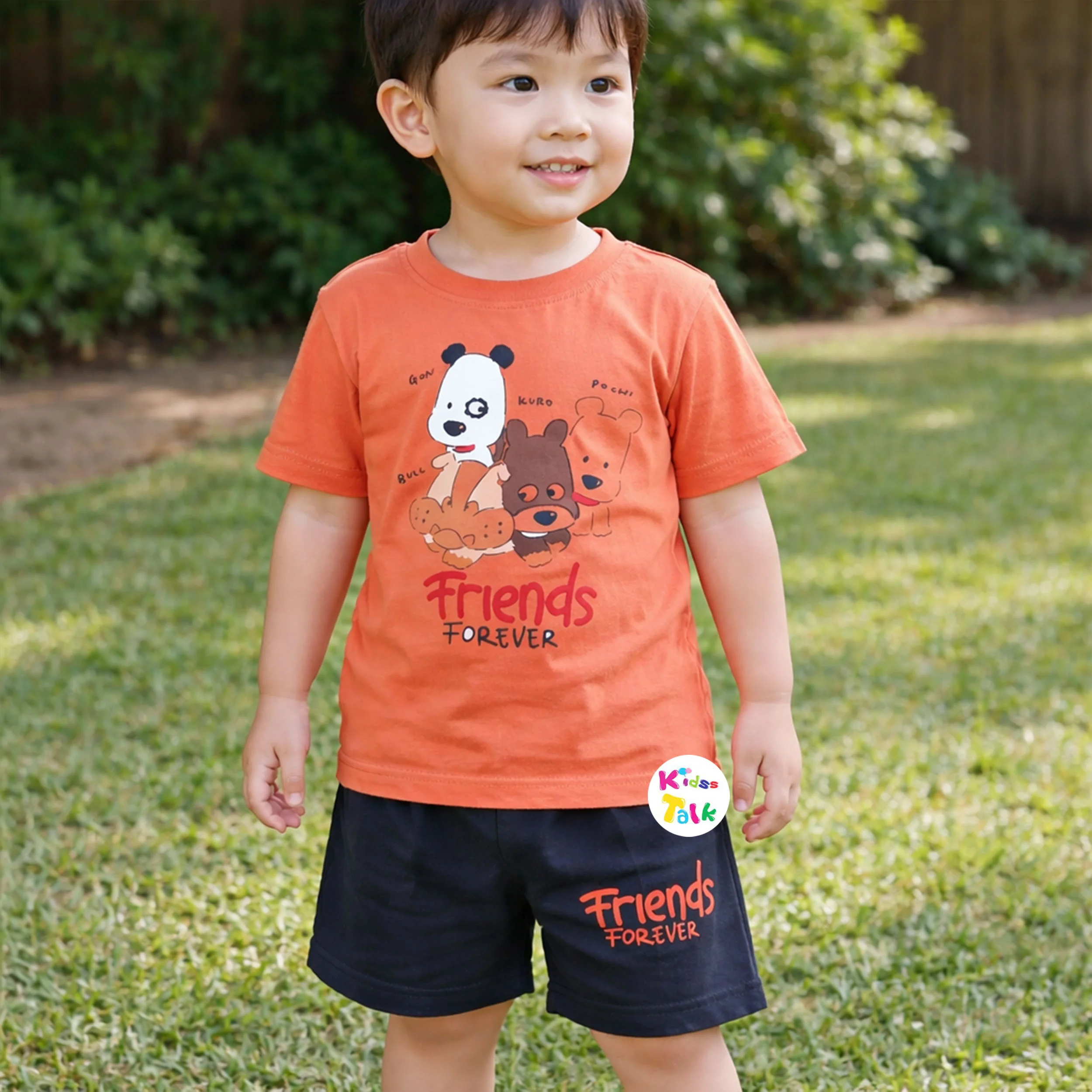 Cotton Knitted Half Sleeve T-shirt Set With Cute Print - Rust Orange