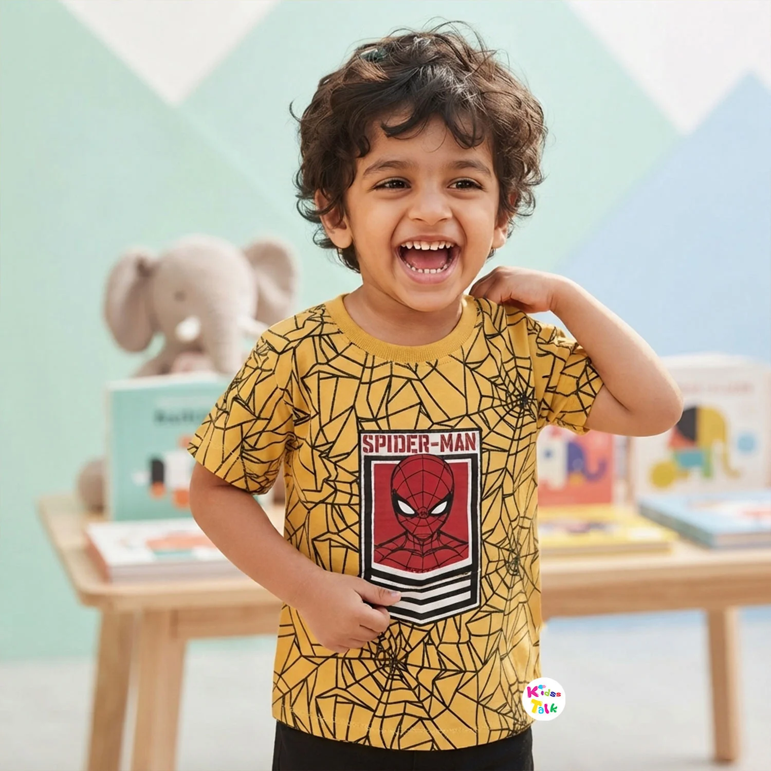 Soft Cotton Knitted Half Sleeve T-shirt With Cute Printed - Mustard