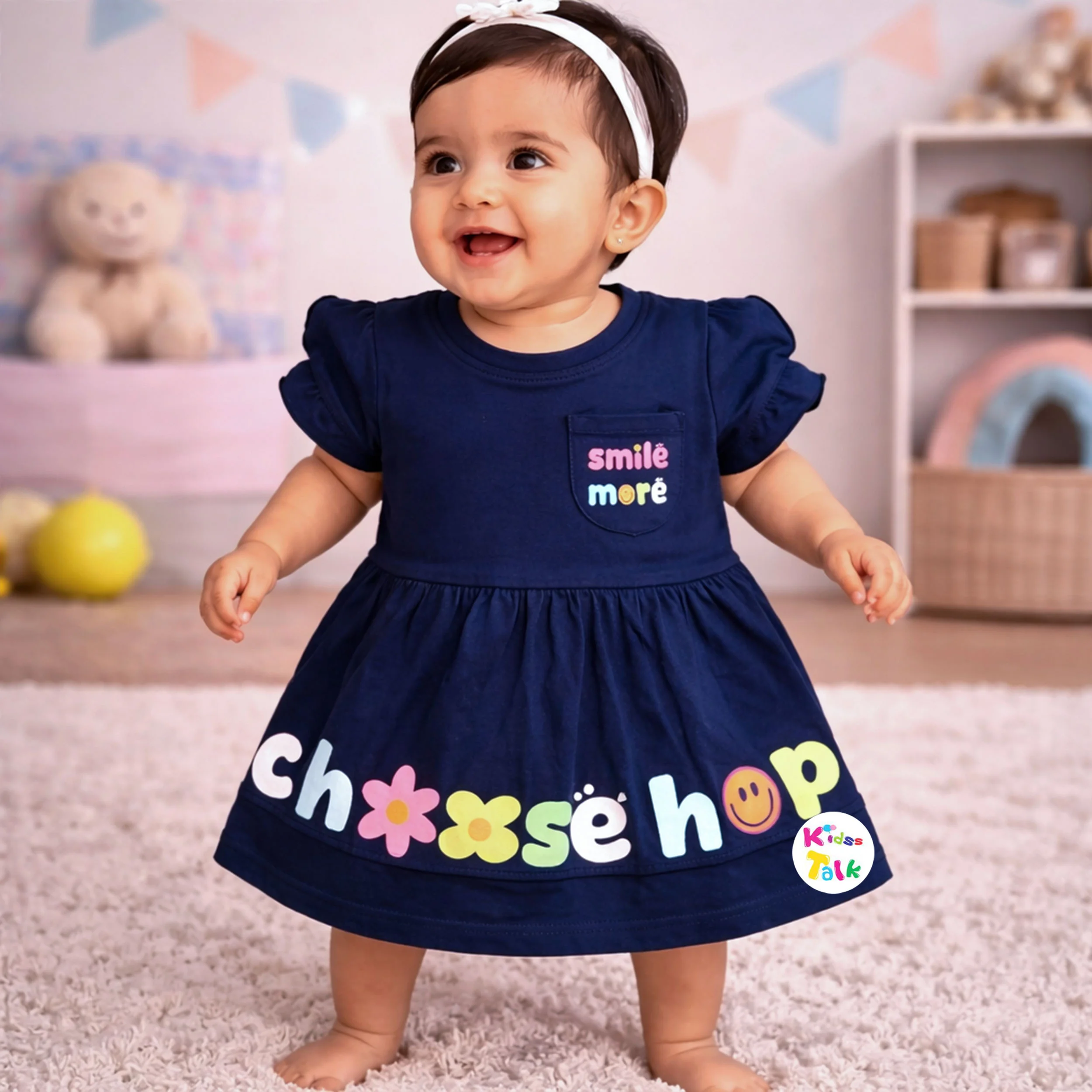 Cotton Knitted Half Sleeve Frock With Cute Print - Navy Blue