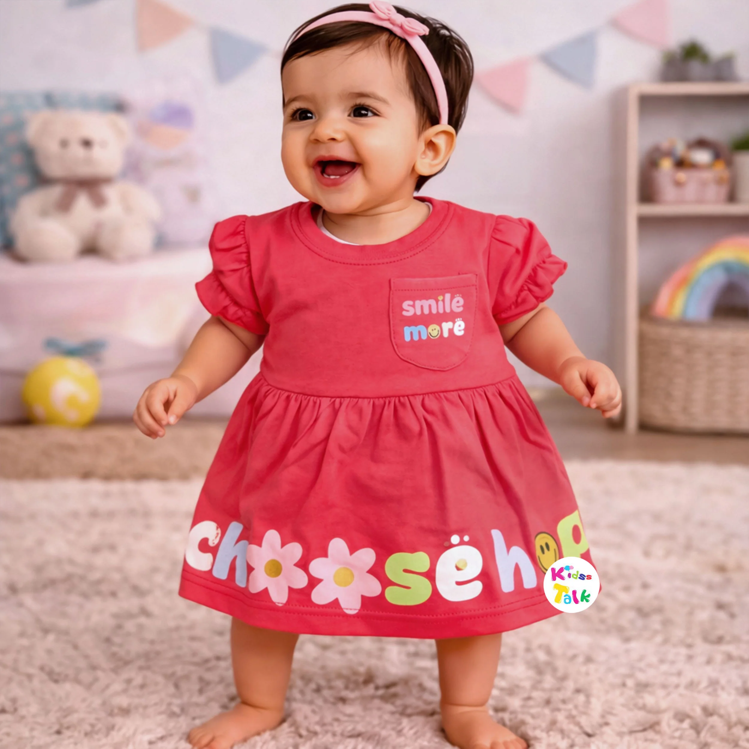 Cotton Knitted Half Sleeve Frock With Cute Print - Orange