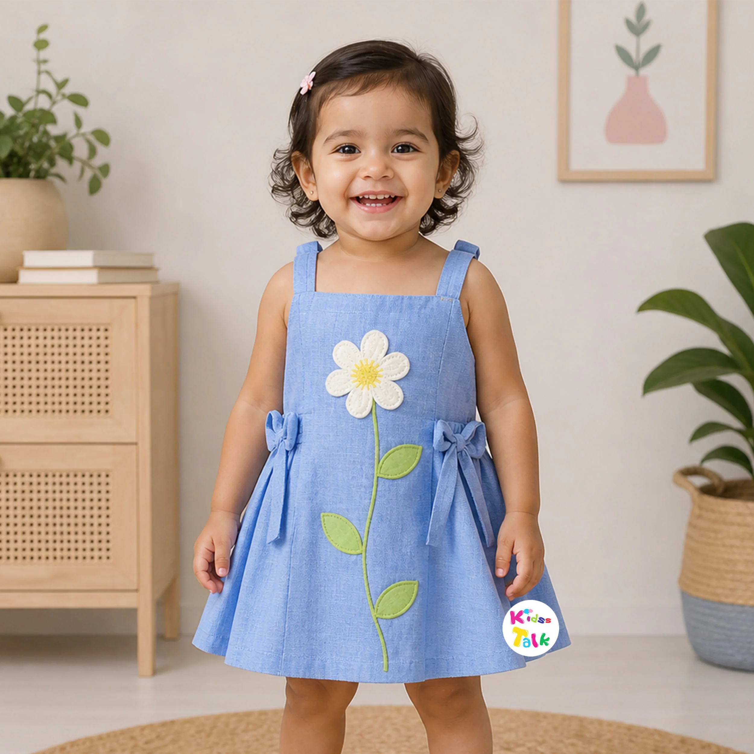 Cute Cotton Sleeveless Frock With Patch Work - Ice Blue