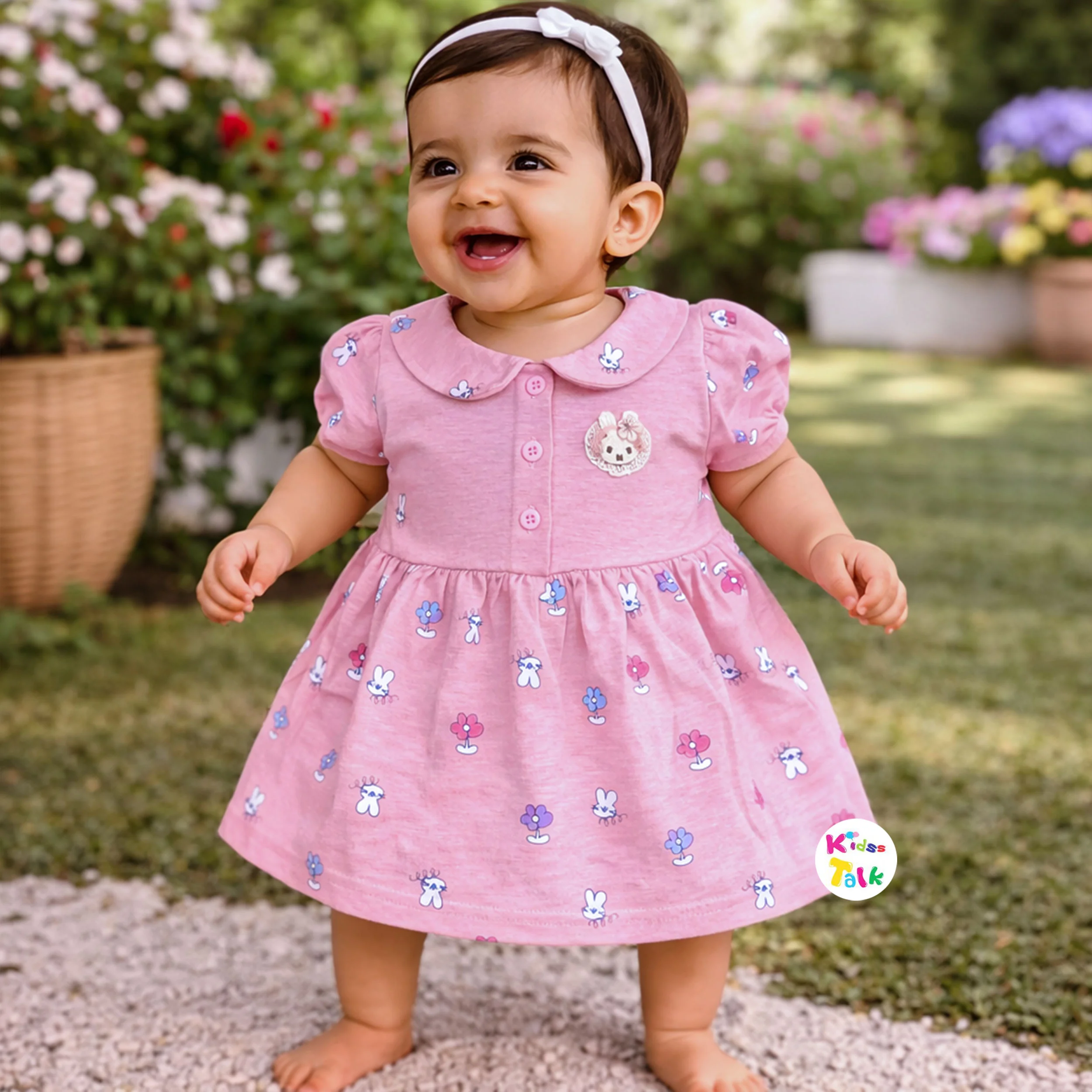 Cotton Knitted Half Sleeve Frock With Cute Print - Baby Pink