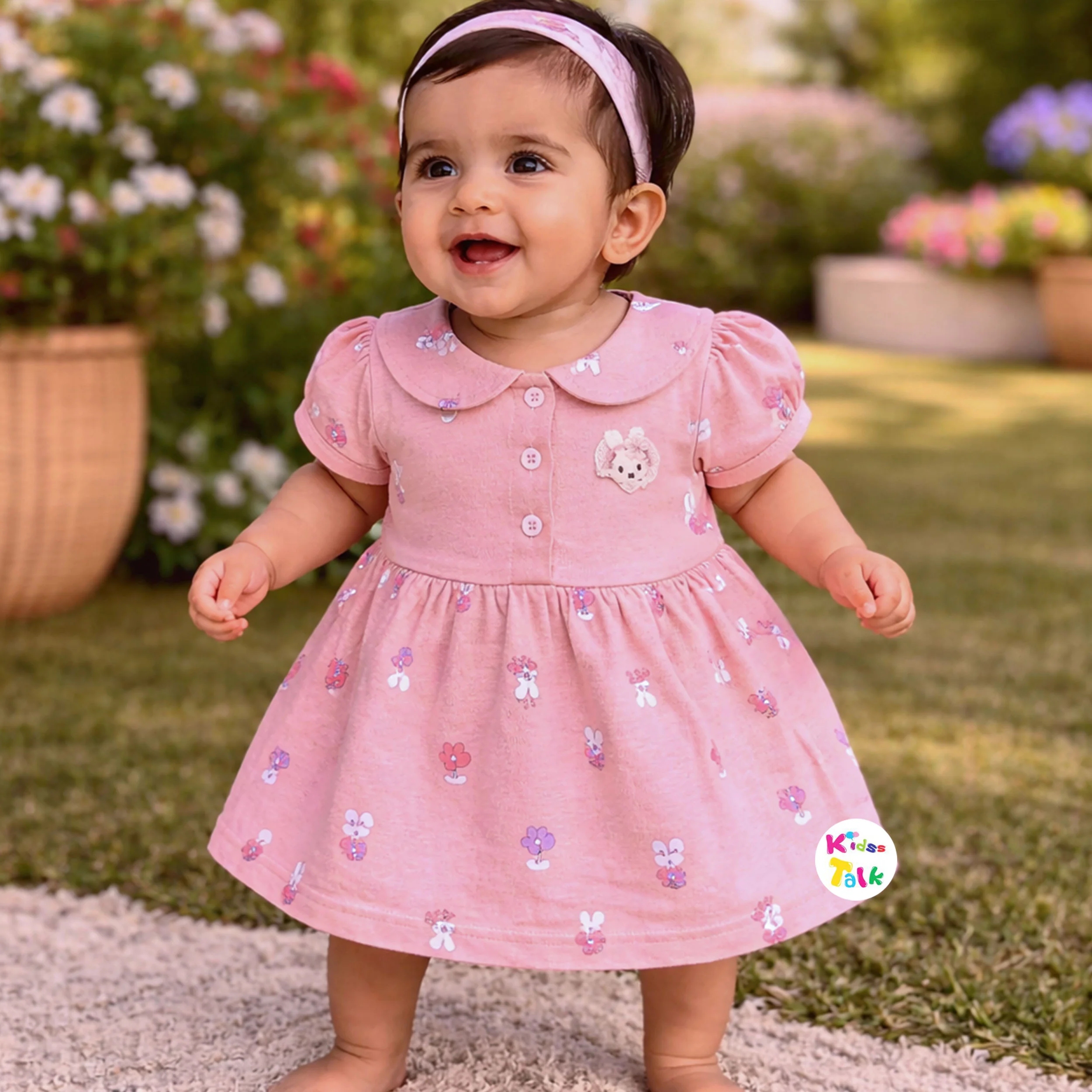 Cotton Knitted Half Sleeve Frock With Cute Print - Peach