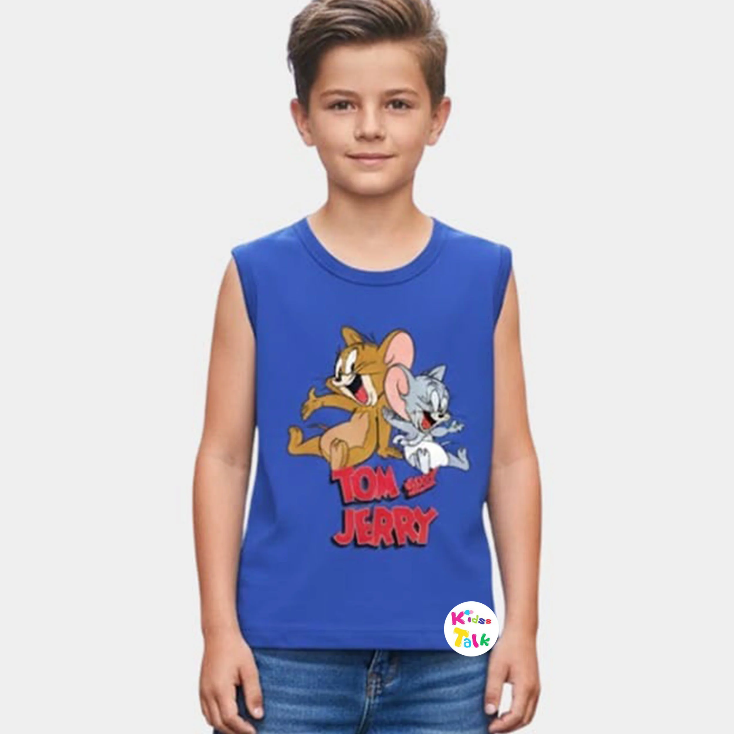 Soft Cotton Knitted Sleeveless T-shirt With Cute Printed - Blue