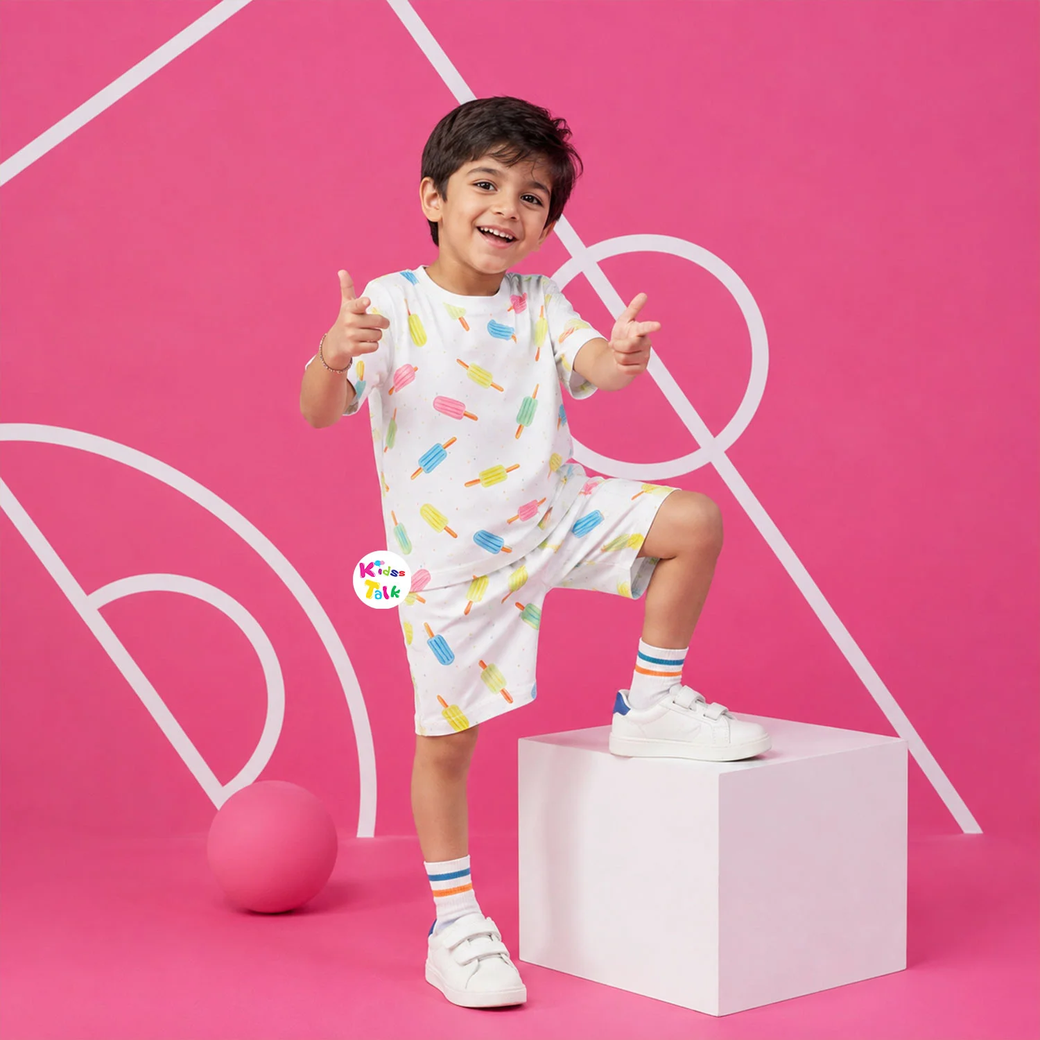 Cotton Knitted Half Sleeve T-shirt Set With Pastel Ice Candy All Over Print - White