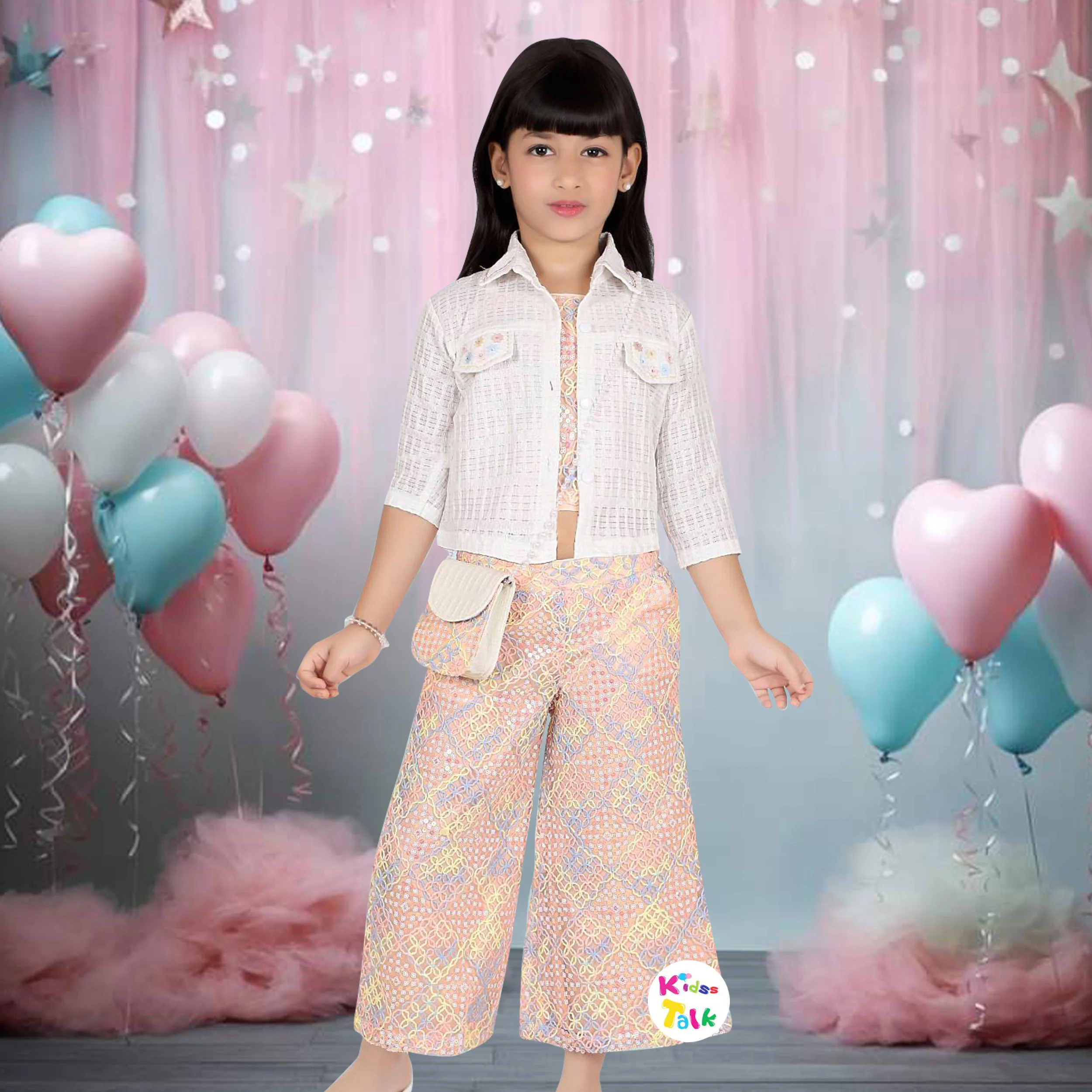 Sequins Sleeveless Top With Jacket & Palazzo - Peach