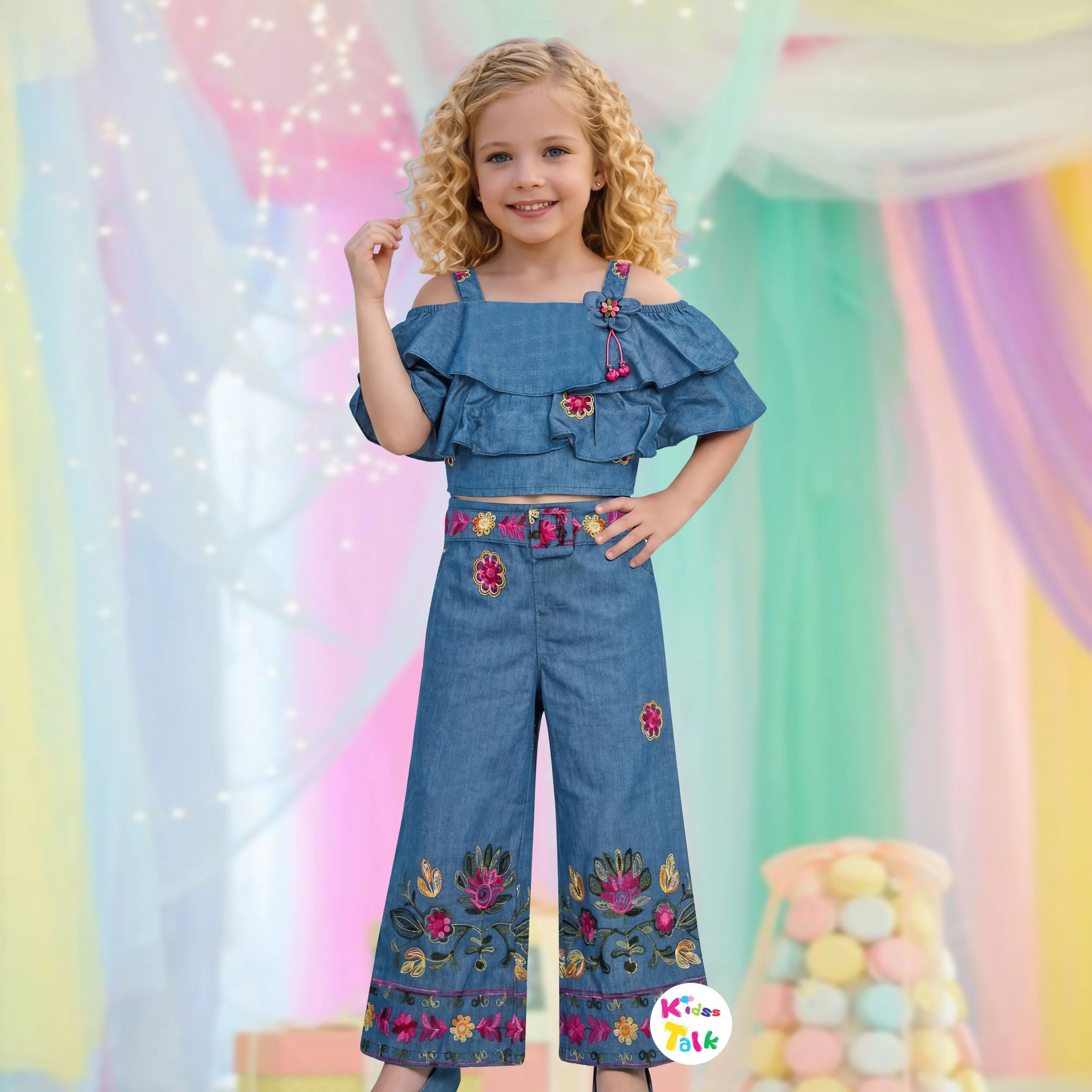 Cotton Sleeveless Top With Embroidered & Full Pant - Denim Blue