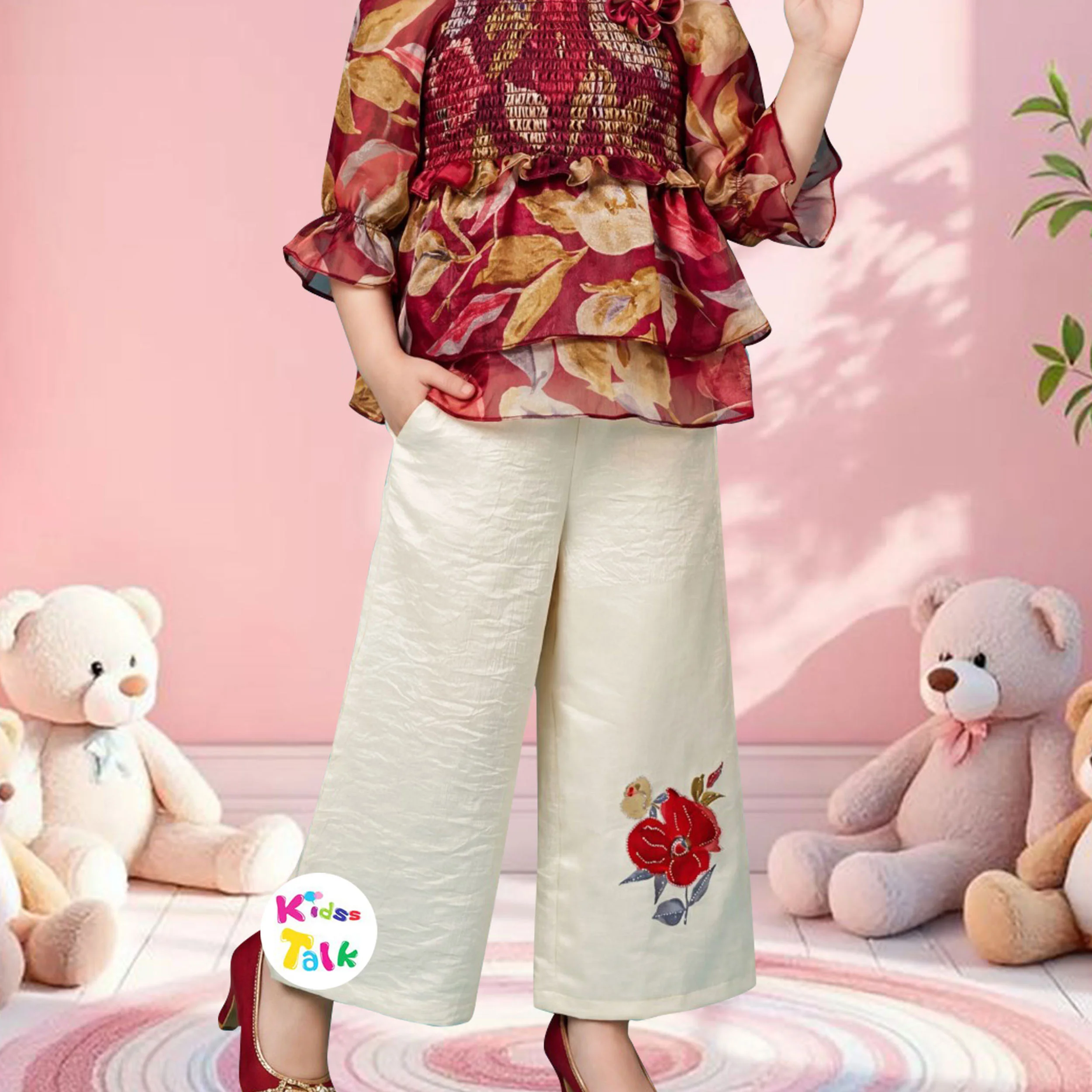 Satin Full Sleeve Printed Top & Full Pant - Maroon