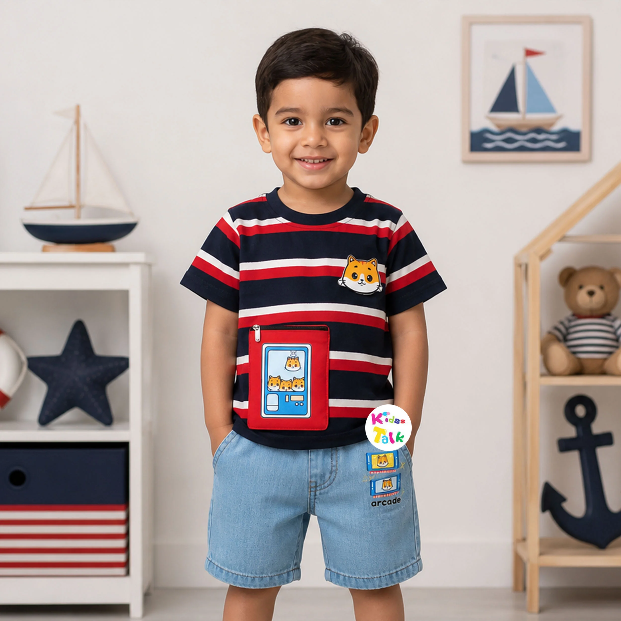 Cotton Knitted Half Sleeve T-shirt Set With Cute Print - Navy Blue