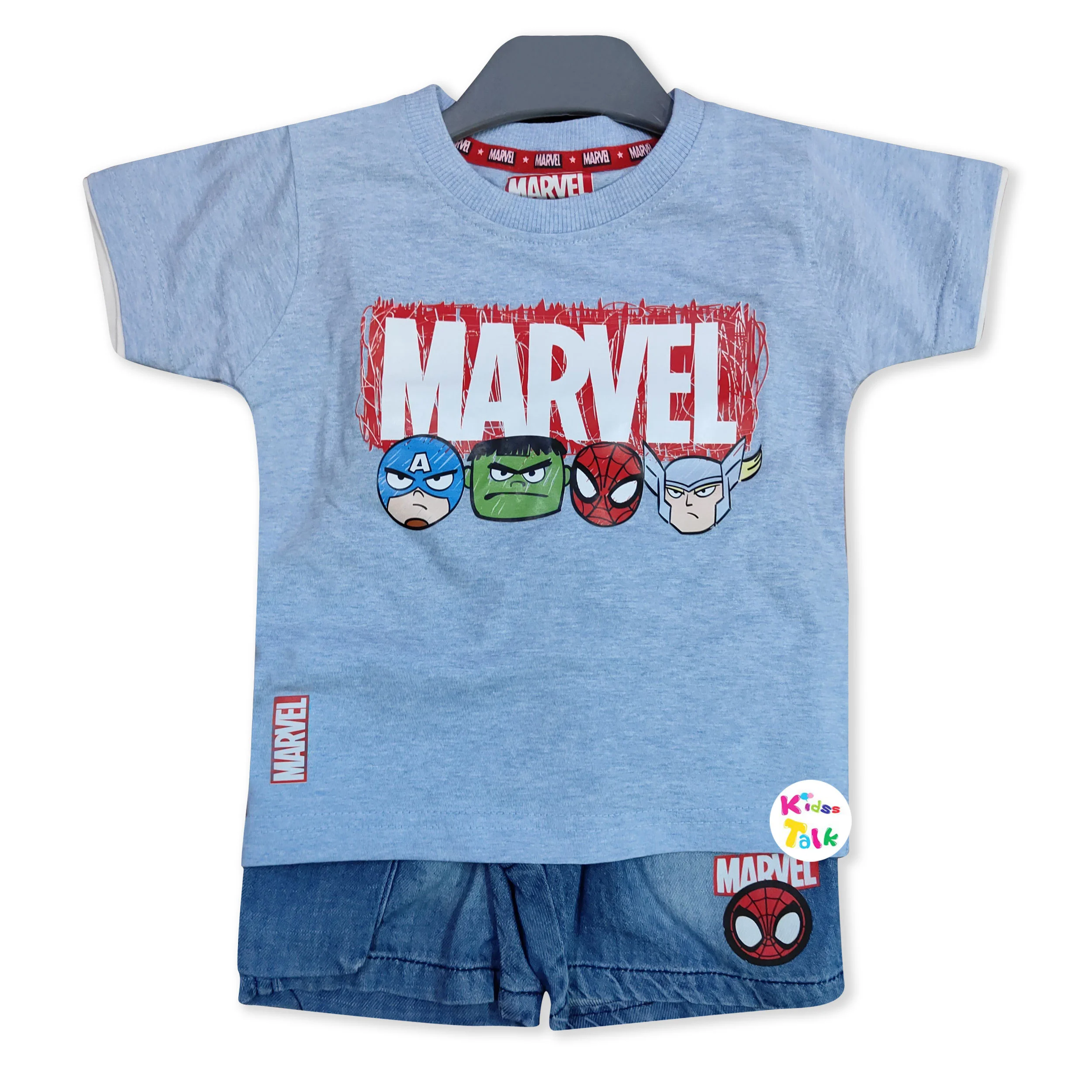 Cotton Knitted Half Sleeve T-shirt Set With Cute Print - Ice Blue