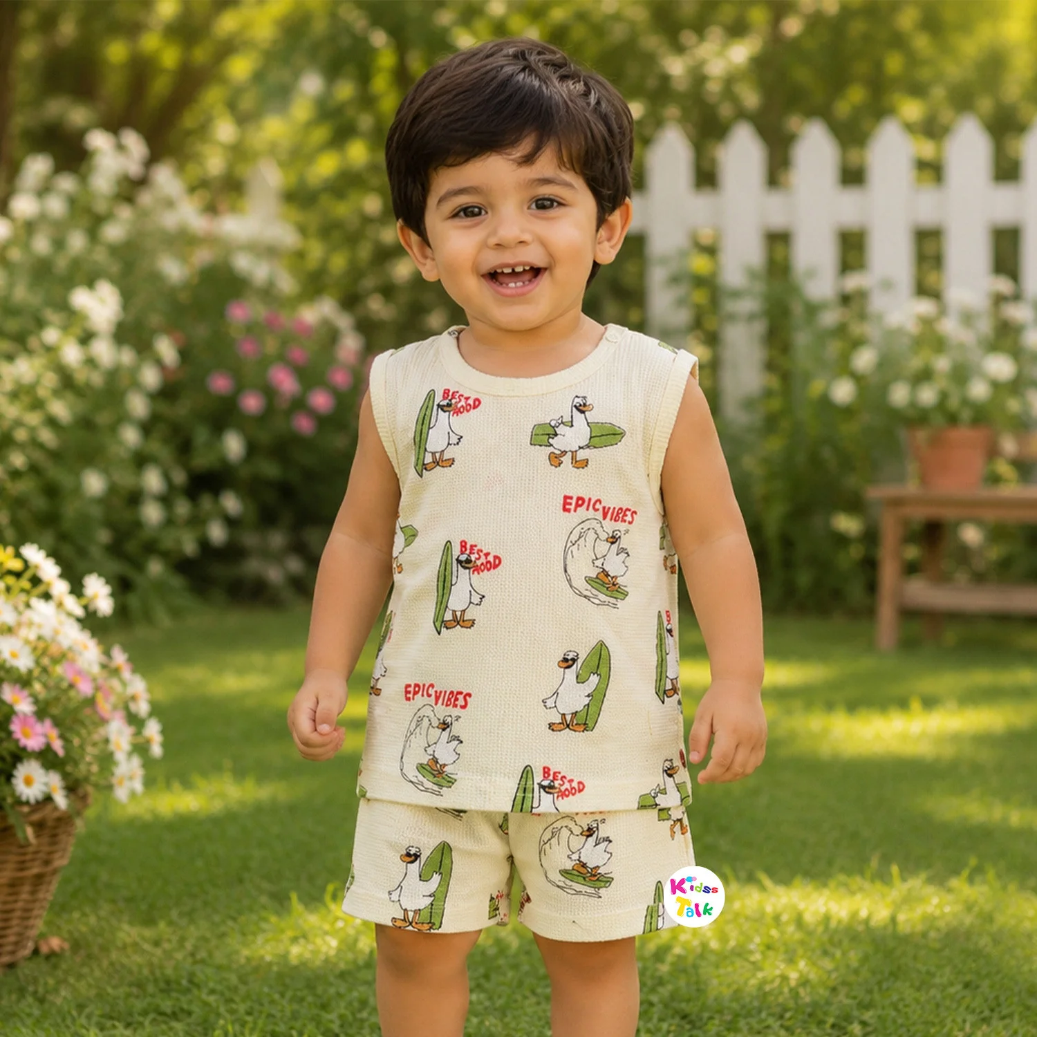 Cotton Half Sleeve T-shirt Set With Cute All Over Print - Lemon Yellow